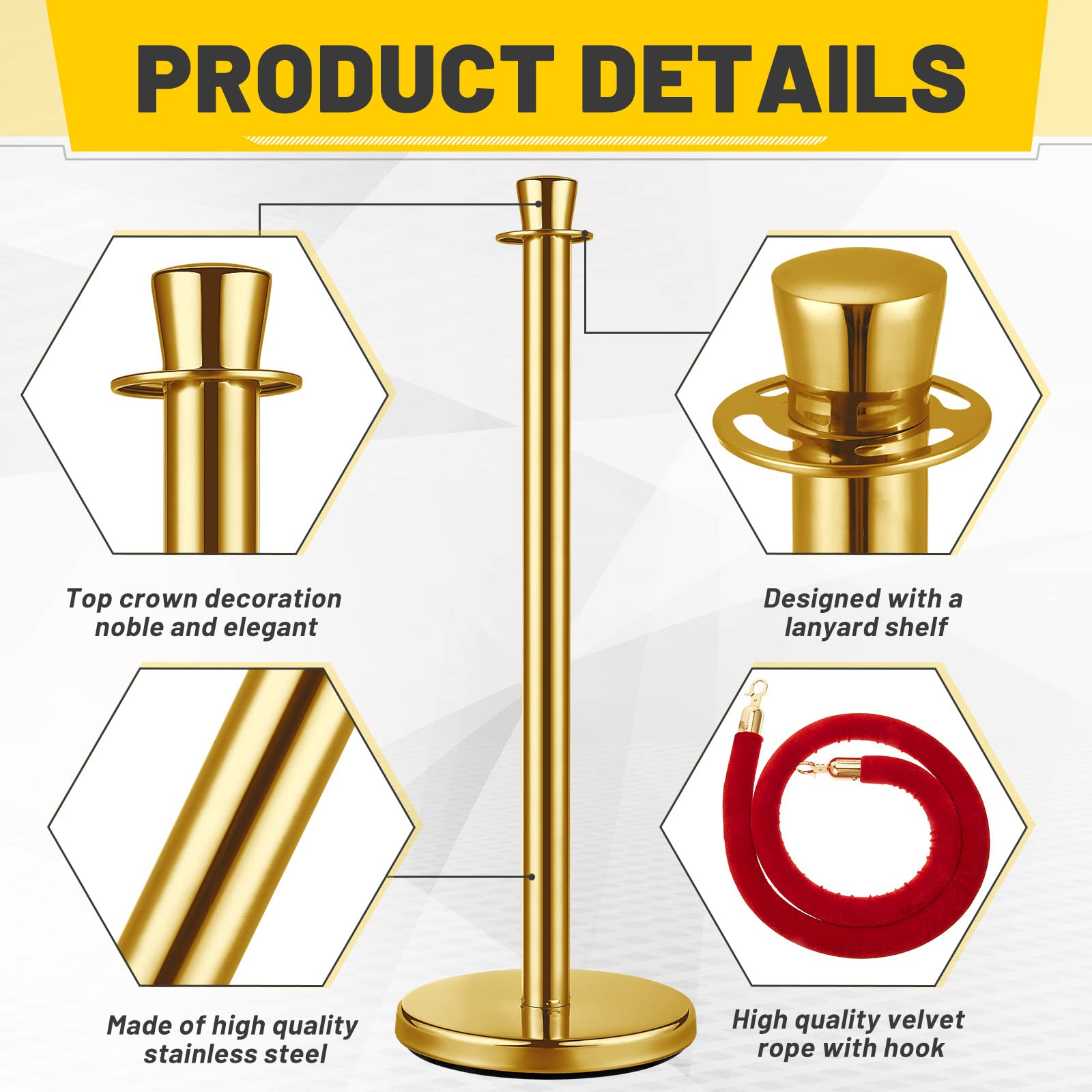 Wesiti 12-Pack Stainless Steel Stanchion Posts with 5ft Red Velvet Rope - Gold Crowd Control Barriers for Events, Parties, VIP Access & Red Carpet Occasions