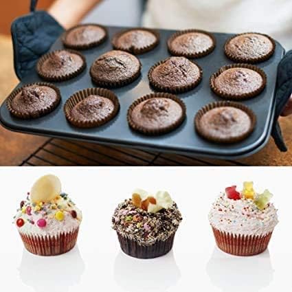 12-Cavity Carbon Steel Muffin Baking Pan - Nonstick, Dishwasher Safe, Heavy Duty Black Muffin Tin for Perfect Cupcakes, Muffins & Biscuits - Ideal for Home Baking, Parties & Holiday Treats
