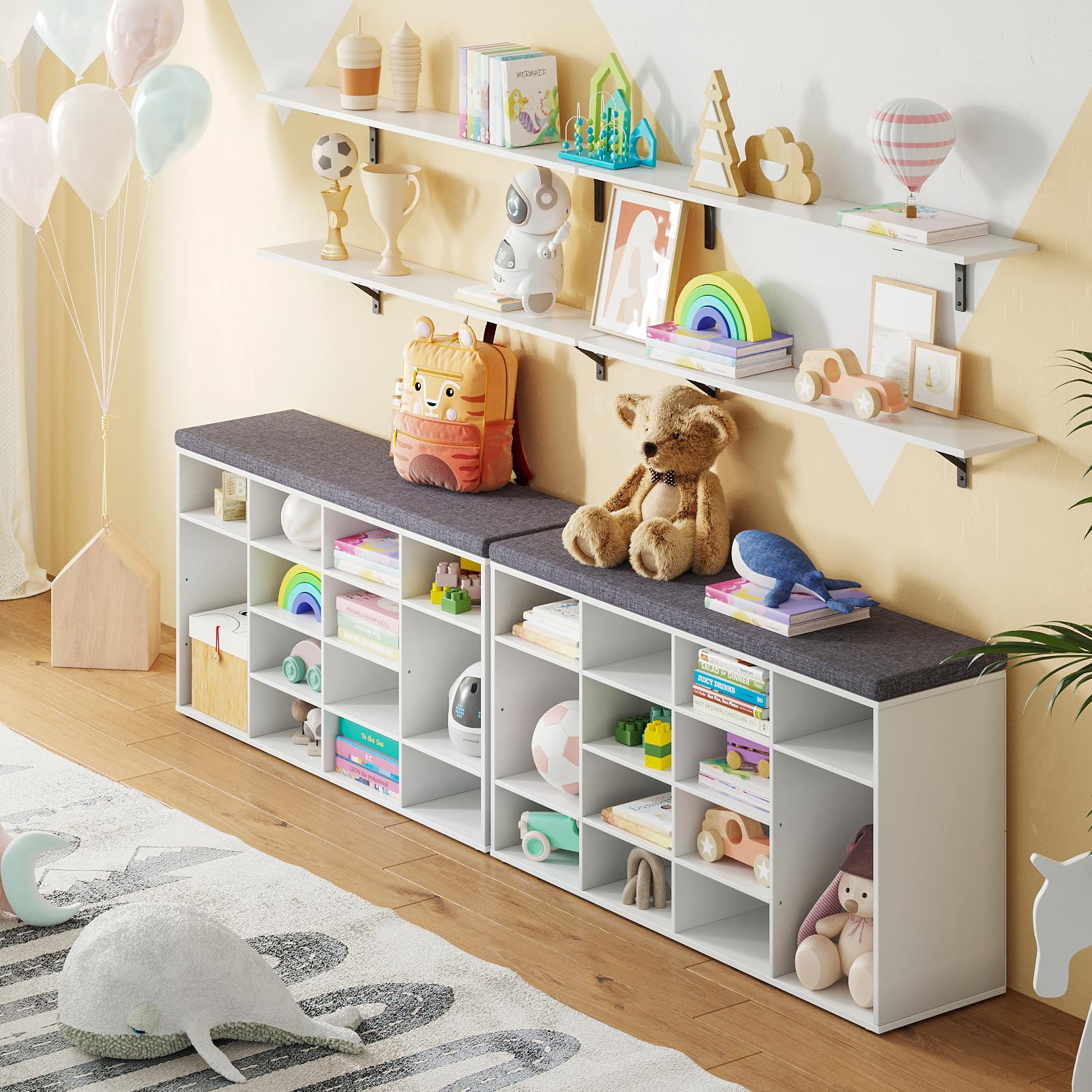 DINZI LVJ 16-Cubby Shoe Storage Bench with Cushion, Adjustable Shelves, Multifunctional Entryway Organizer - Perfect for Mudroom, Hallway, Living Room, Bedroom & Garage (White) | Space-Saving Shoe Rack & Seating Solution for Home Organization