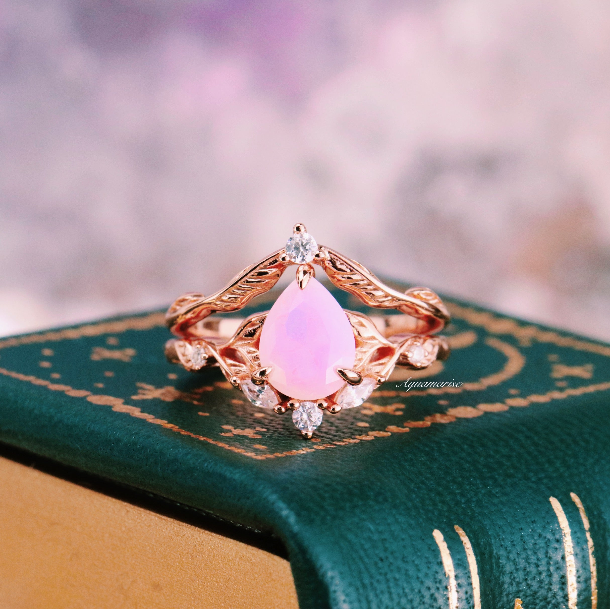 Opalescent Pink Sapphire Engagement Ring Set - 14K Rose Gold Vermeil Wedding Band for Women | Perfect for Proposals, Anniversaries & Bridal Jewelry