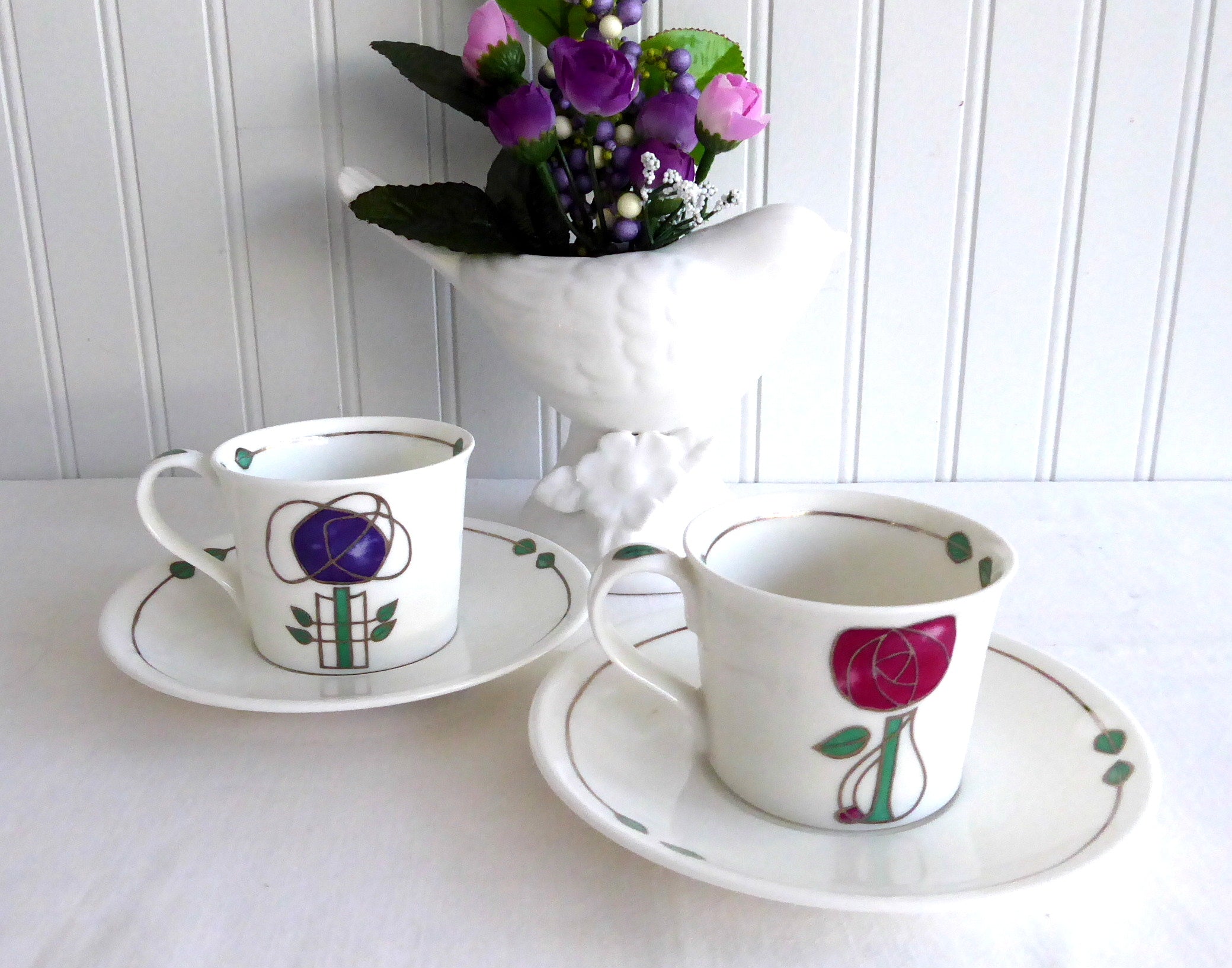 Dunoon 2-Piece Arts and Crafts Espresso Cups with Saucers - Premium Bone China Demi Helensburgh Collection - Perfect for Coffee Lovers and Home Decor