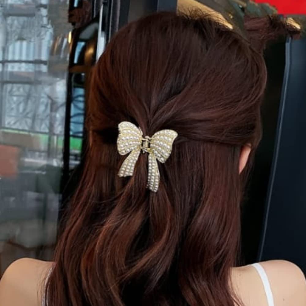 RSJ TRADERS - 1 Piece Pearl Hair Claw Clip with Bow for Women & Girls, Metal Hair Clutch Accessory for Ponytail, Bun & Updo Hairstyles | Elegant Hair Clips for Parties, Weddings & Daily Wear
