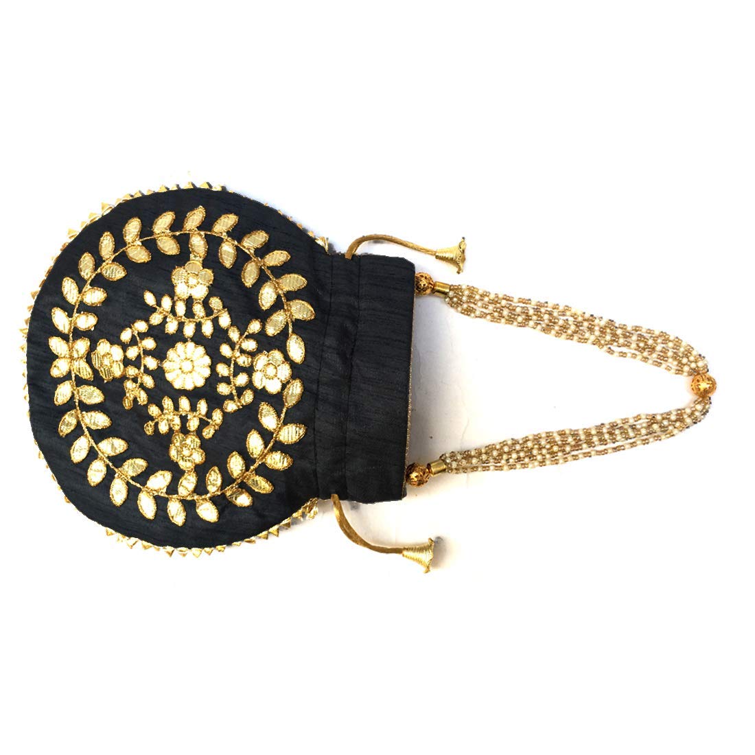 Elegant Black Jewelry Coin Pouch with Pearl Handle - Women's Batwa Wedding Potli Bag & Drawstring Clutch Purse (23x24cm) - Perfect for Bridal Accessories, Gift Giving & Special Occasions