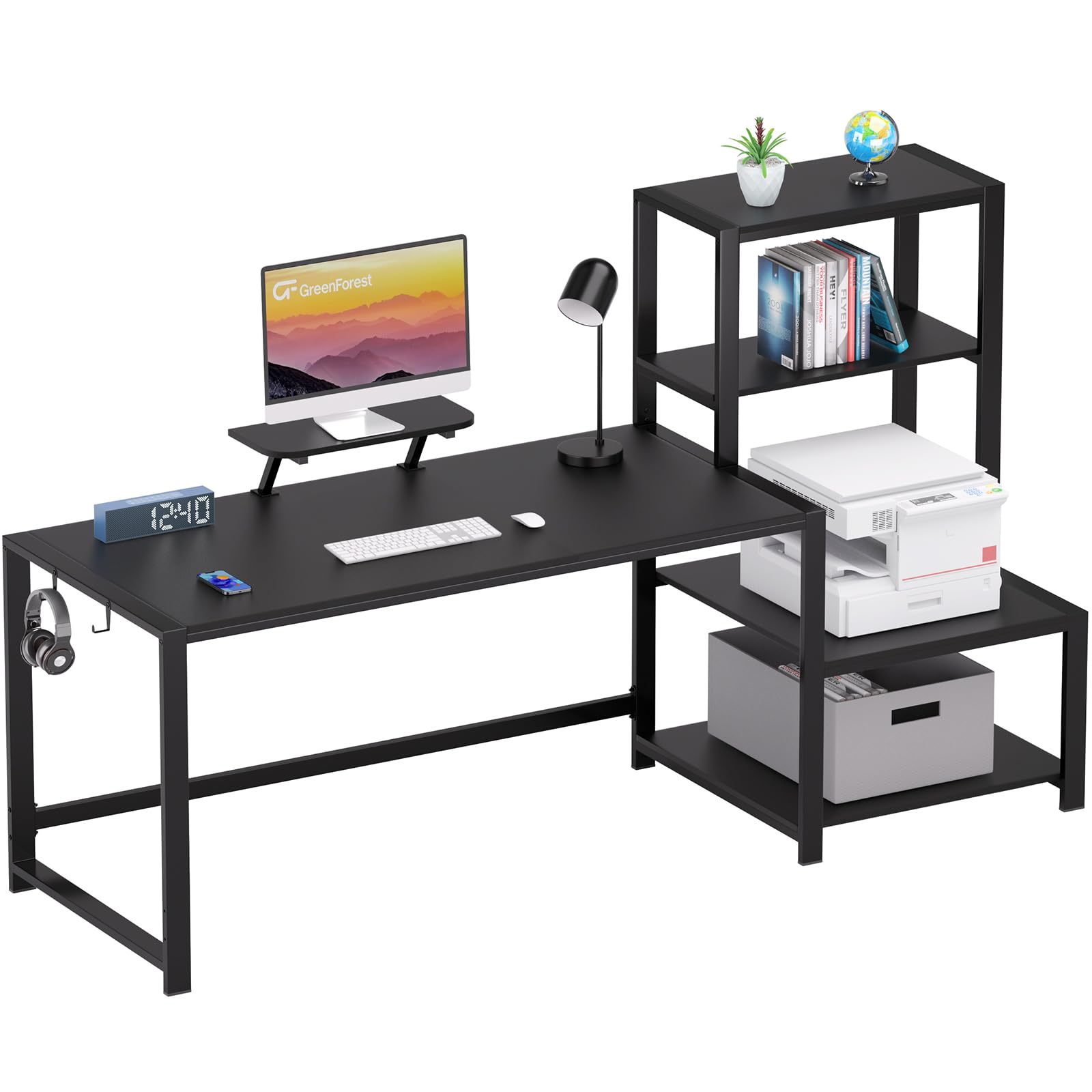 GreenForest 67-inch Computer Desk with Printer Shelf & Monitor Stand - Reversible Office Desk with 2 Hooks - Sturdy Home Workstation for Study, Writing, Working & Gaming (Black) - Perfect for Home Office, Dorm Room & Small Spaces