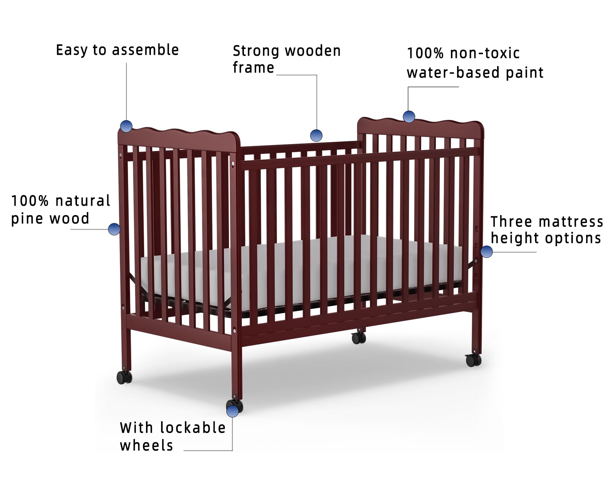 3-in-1 Convertible Baby Crib to Toddler Bed - Full Size Wooden Nursery Furniture with Locking Wheels, Non-Toxic Cherry Finish - Safe Sleeping Solution for Newborns & Toddlers