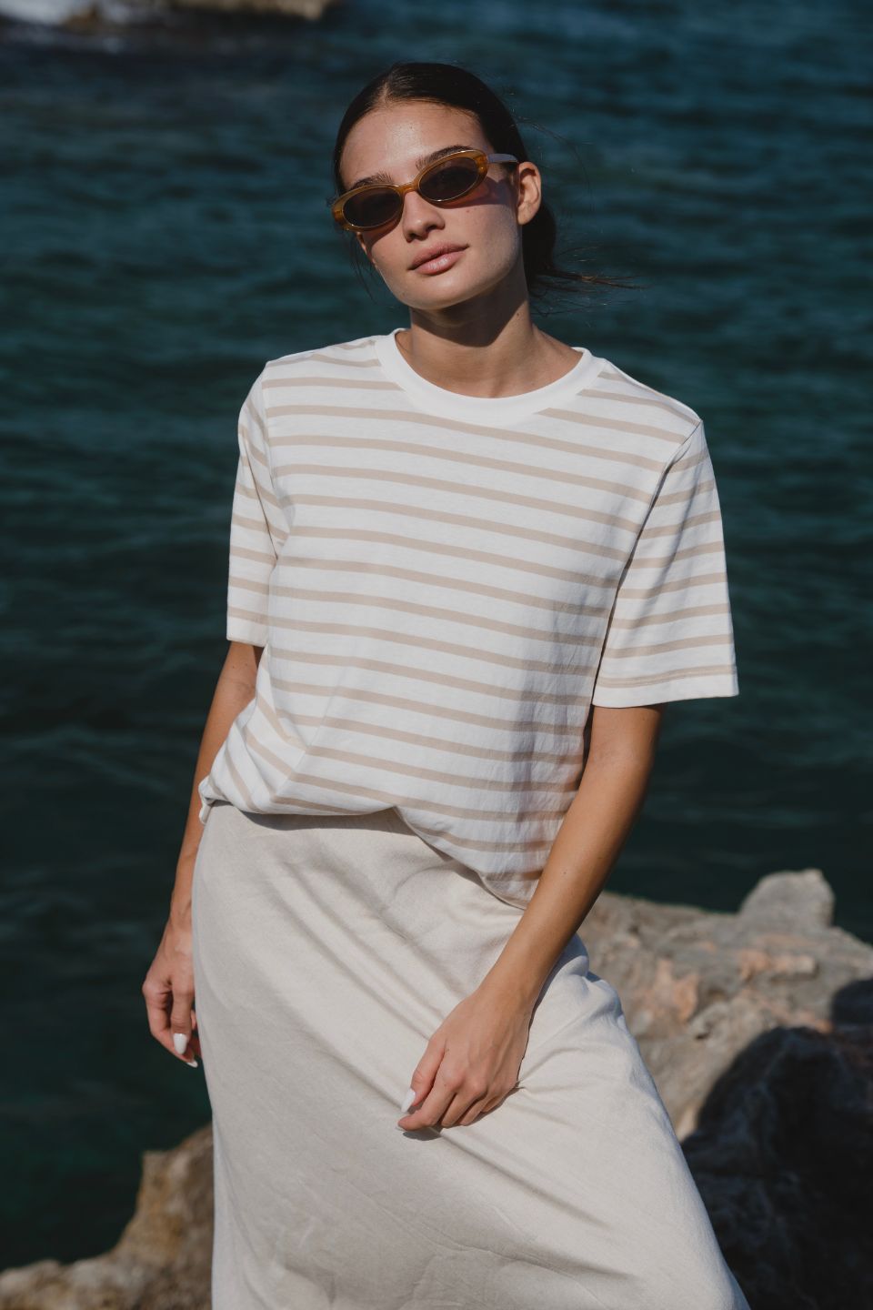 Natural Stripe Boxy Fit Tee - Women's Casual Loose Fit White T-Shirt for Everyday Wear & Street Style Outfits