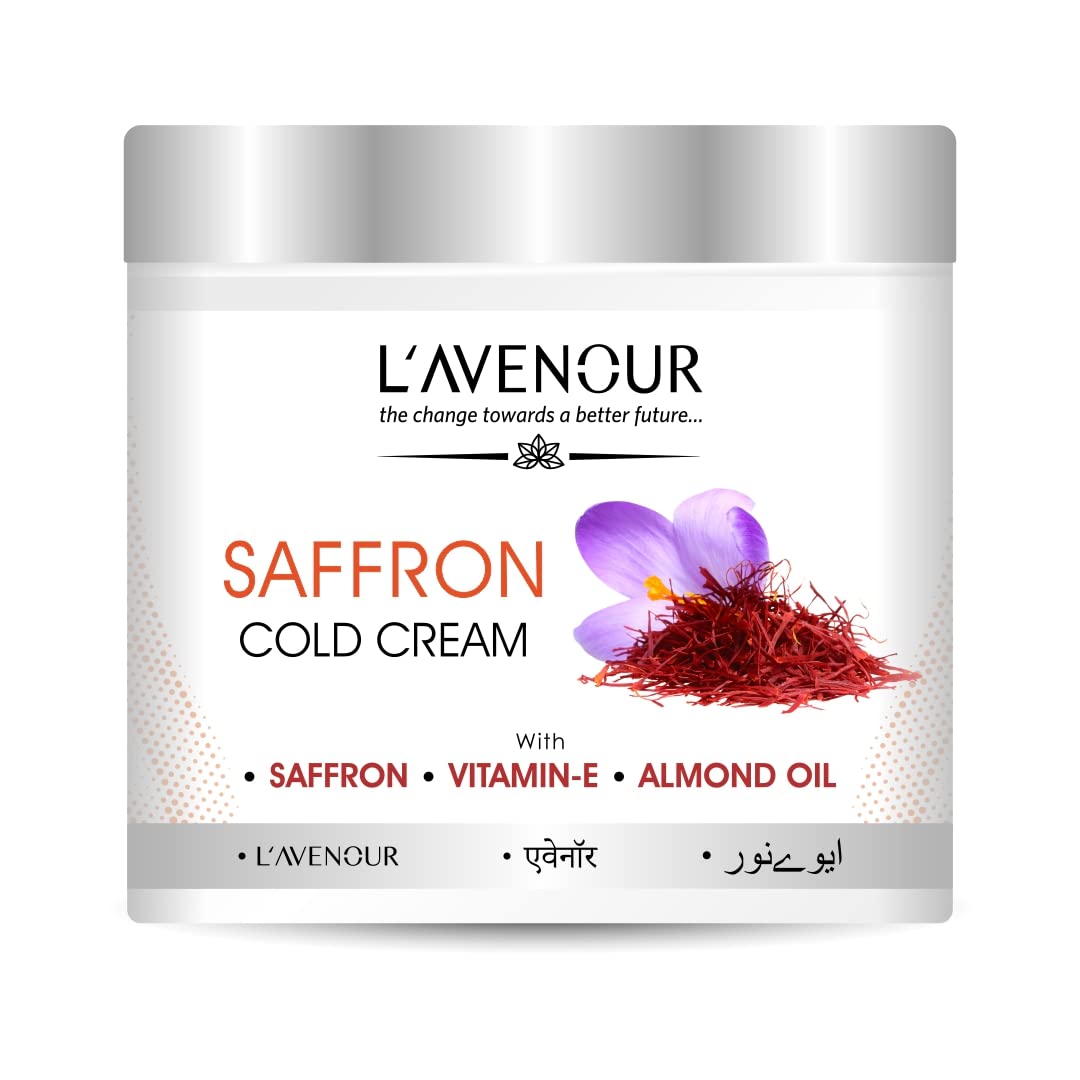 L'avenour Saffron Cold Cream - Vitamin E Enriched with Saffron & Almond Oil for Dry Skin Care | SLS & Paraben Free Moisturizing Cream for Hands & Body (100ml) | Perfect for Daily Hydration, Night Skincare Routine & Winter Skin Protection