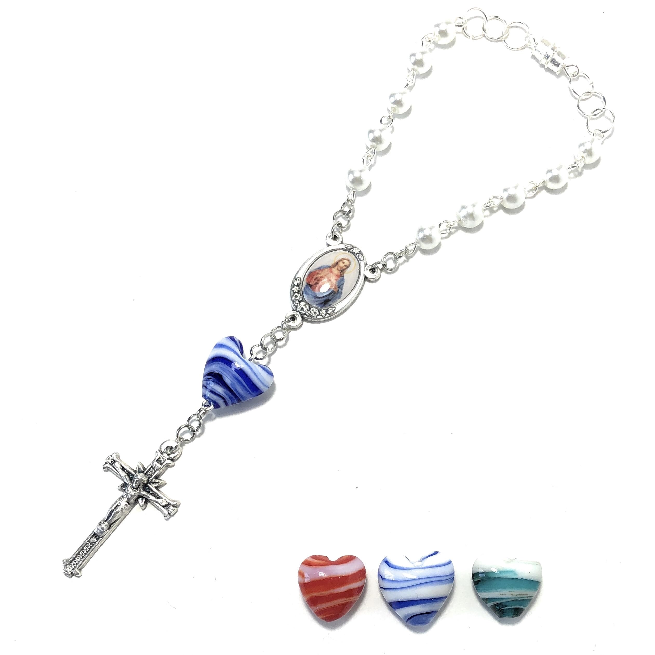 Sacred Heart of Jesus 1-Decade Rearview Mirror Car Rosary - White & Striped Red/Blue/Teal Heart Beads | Catholic Prayer Beads for Safe Driving & Spiritual Protection | Perfect for Commuting, Road Trips & Daily Devotion