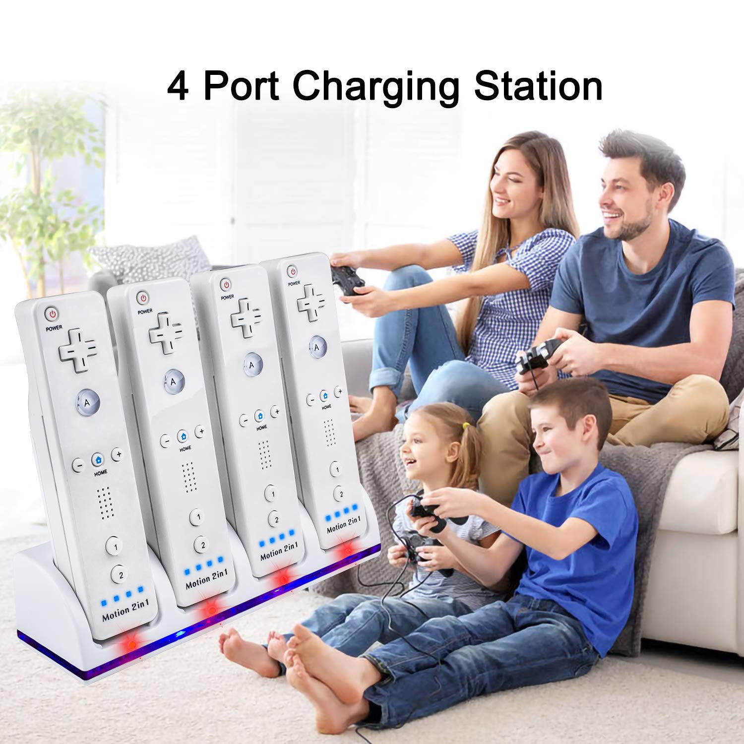 Upgraded Wii Remote Controller 4-Port Charging Station with 4 Rechargeable Batteries, USB Cable & Wall Adapter - Fast Charging Dock for Nintendo Wii/Wii U Gaming Accessories - Perfect for Family Game Nights & Multiplayer Sessions