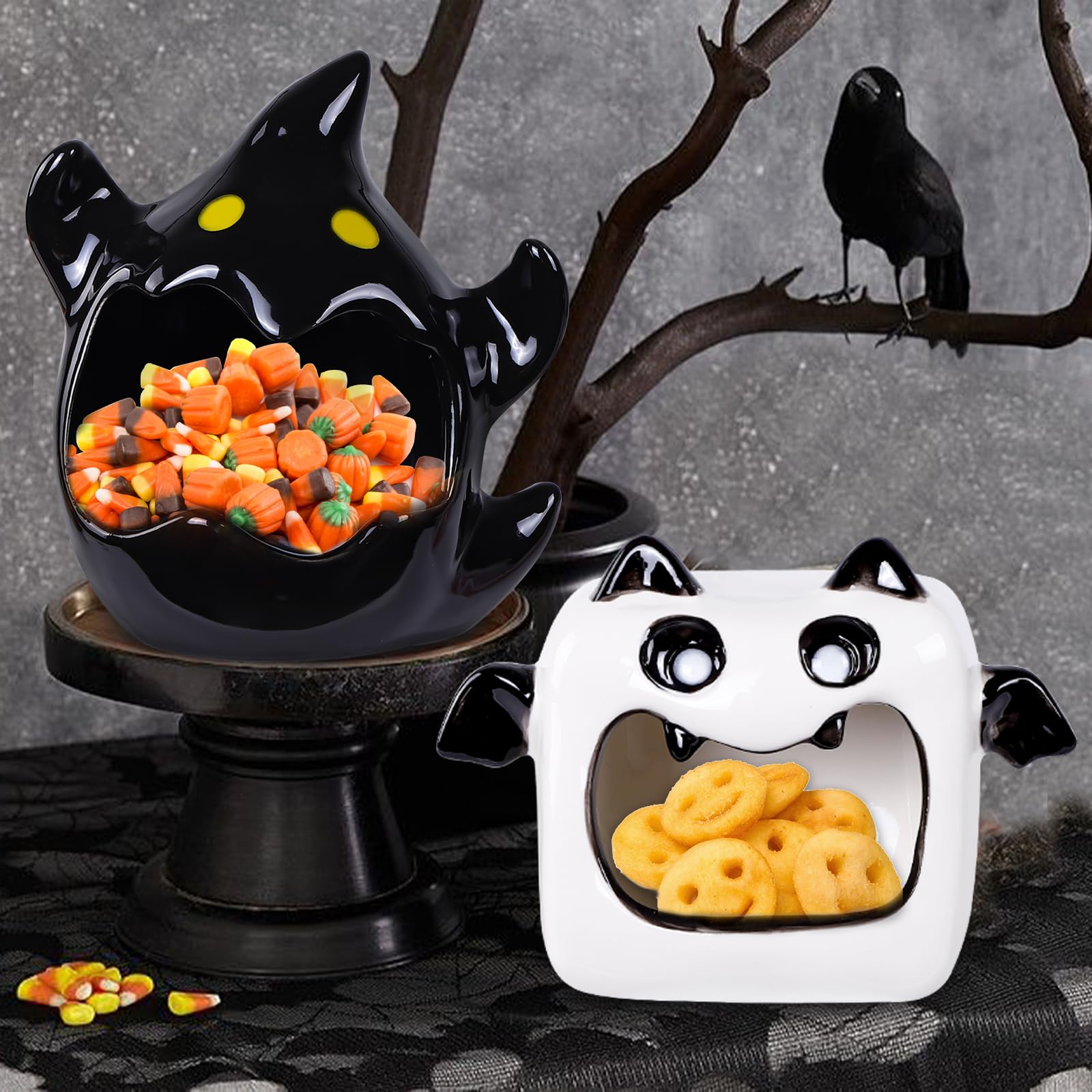 2-Pack Halloween Ghost Bat Ceramic Candy Bowls - Spooky Candy Dish & Candle Holder for Halloween Party Decor, Tiered Tray Ornament, Home Tableware Decorations - Perfect for Trick-or-Treat, Haunted House Parties & Fall Home Decor