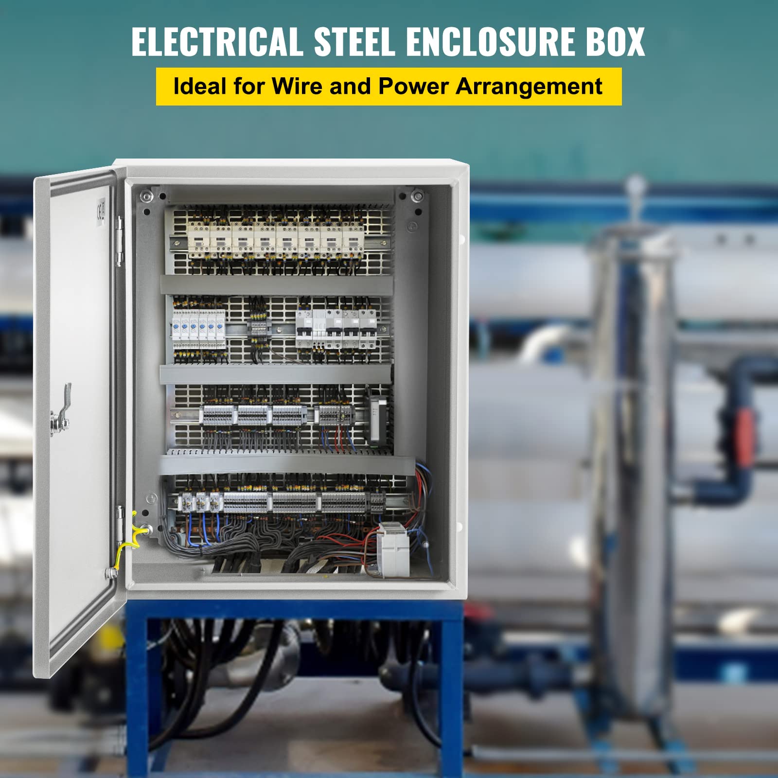 VEVOR 20'' x 16'' x 10'' Carbon Steel Electrical Enclosure Box - IP65 Weatherproof Metal Junction Box with Hinged Lid & Mounting Plate - Wall-Mounted for Outdoor/Indoor Electronic Equipment Protection (Garage, Workshop, Industrial Use)