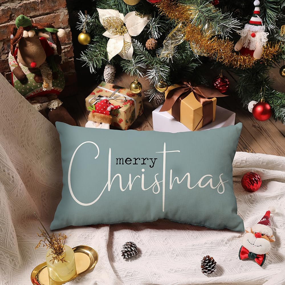 Merry Christmas Pillow Covers - 12x20 Inch Decorative Throw Pillow Covers for Sofa, Cotton Linen Blend, Beige Holiday Home Decor - Perfect for Living Room, Bedroom & Christmas Party Decorations