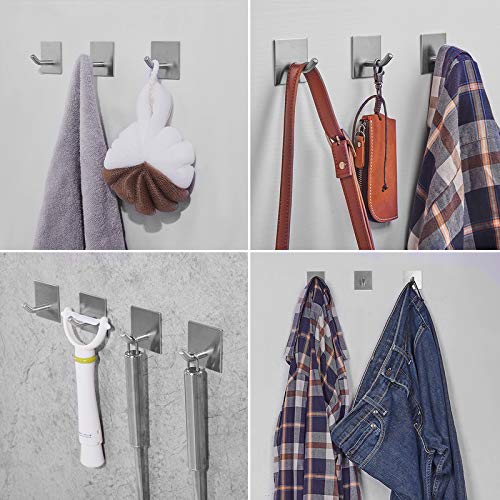 FOMANSH Heavy Duty Adhesive Hooks - 6 Pack Stainless Steel Wall Hangers for Kitchen, Bathroom, Home, Door - Strong Stick-on Hooks for Towels, Coats, Keys & Robes - Perfect for Organizing & Space Saving