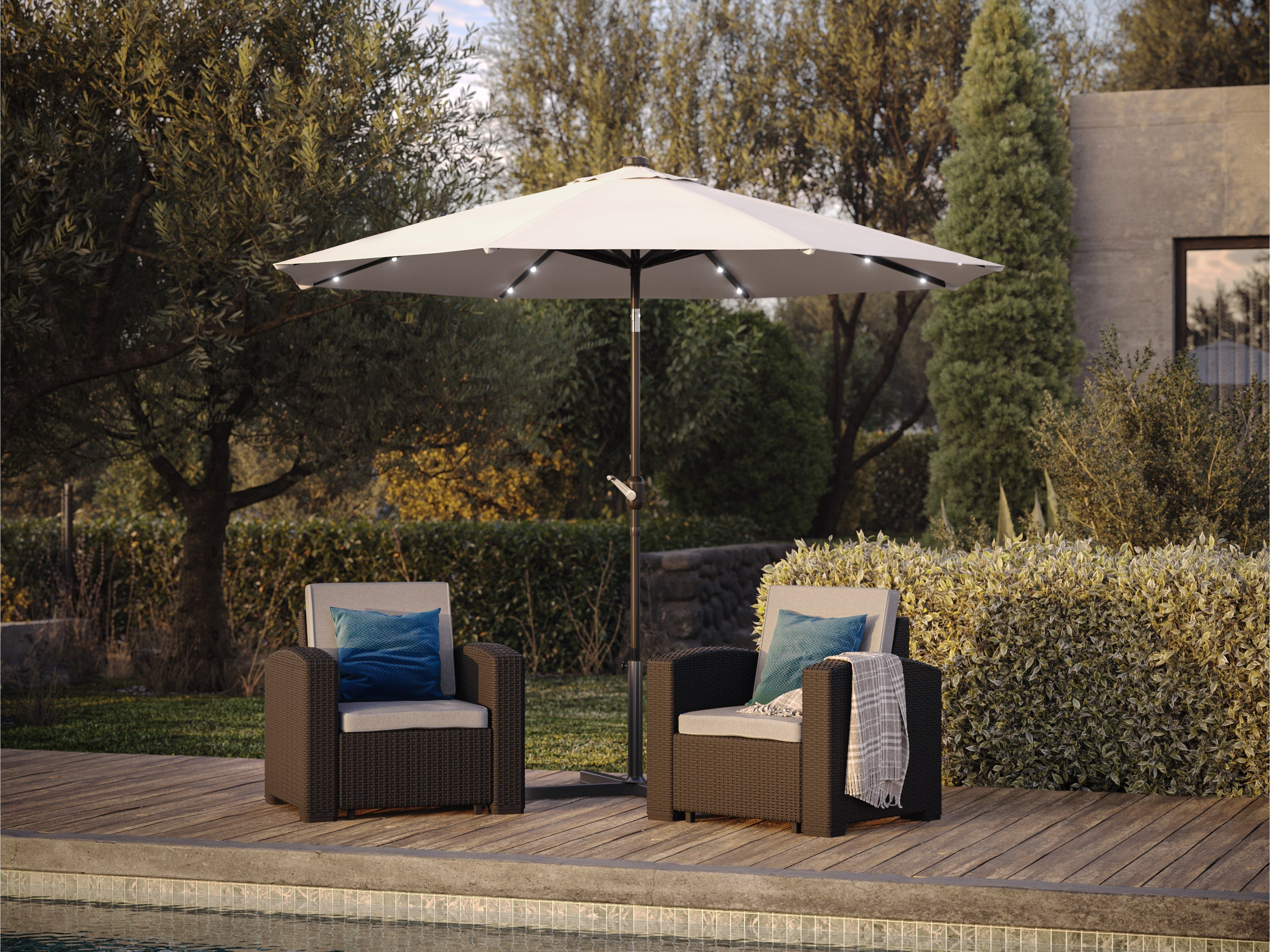 9ft White Outdoor Patio Umbrella with LED Lights - Waterproof Cantilever Market Umbrella for Poolside, Garden, Deck & Backyard Relaxation