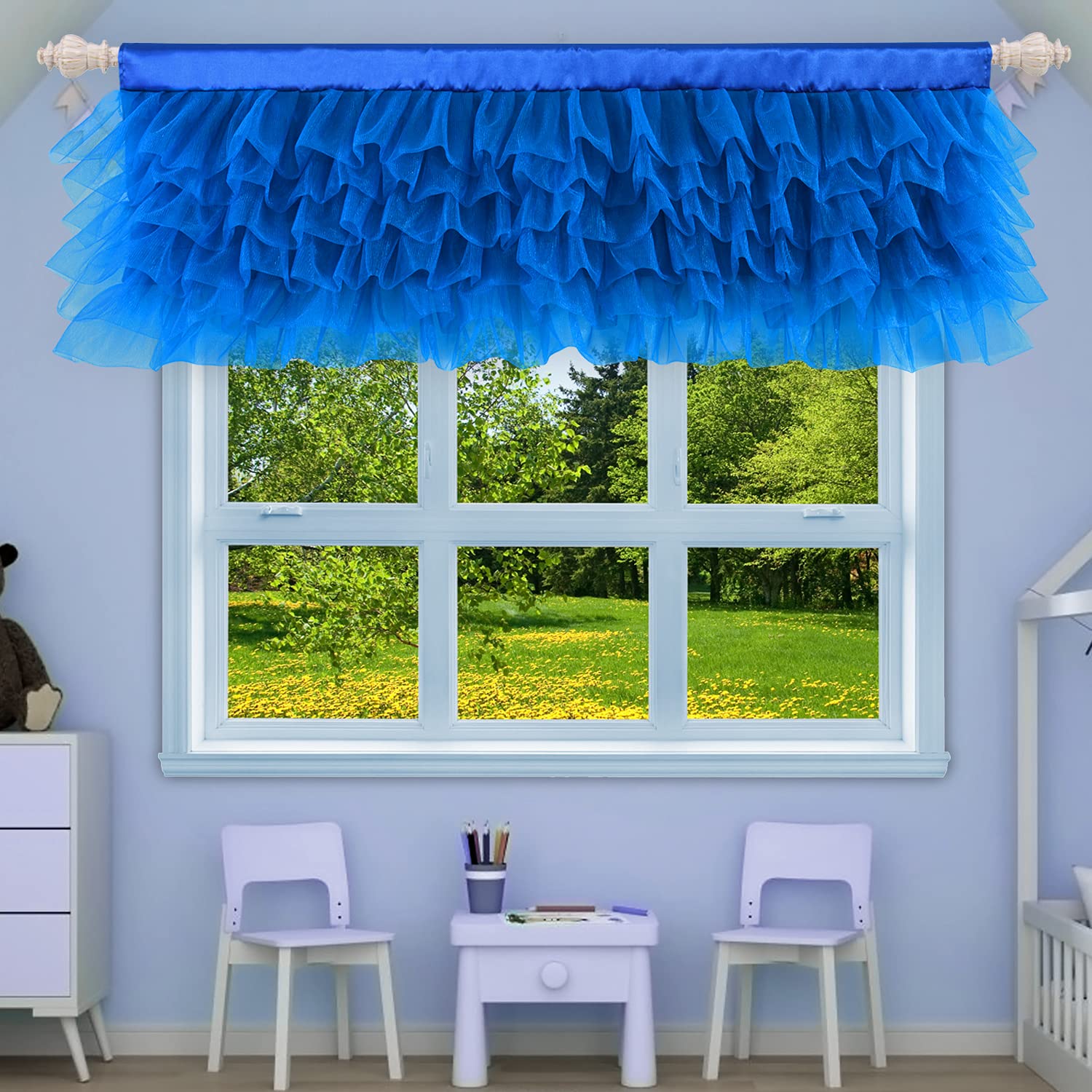 Besutolife Blue Tulle Valance Curtain - Ruffled Window Valance for Baby Boy Nursery, Home Decor, Birthday Party & Special Events - Elegant Window Treatment for Nursery Room & Bedroom Decorations
