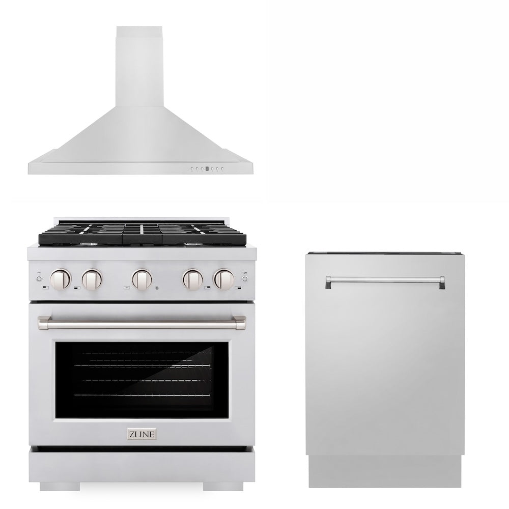 ZLINE 30 Inch Stainless Steel Gas Range Kitchen Package with Convertible Vent Hood & Tall Tub Dishwasher (3KP SGRRH30 DWV) - Perfect for Modern Home Cooking & Entertaining