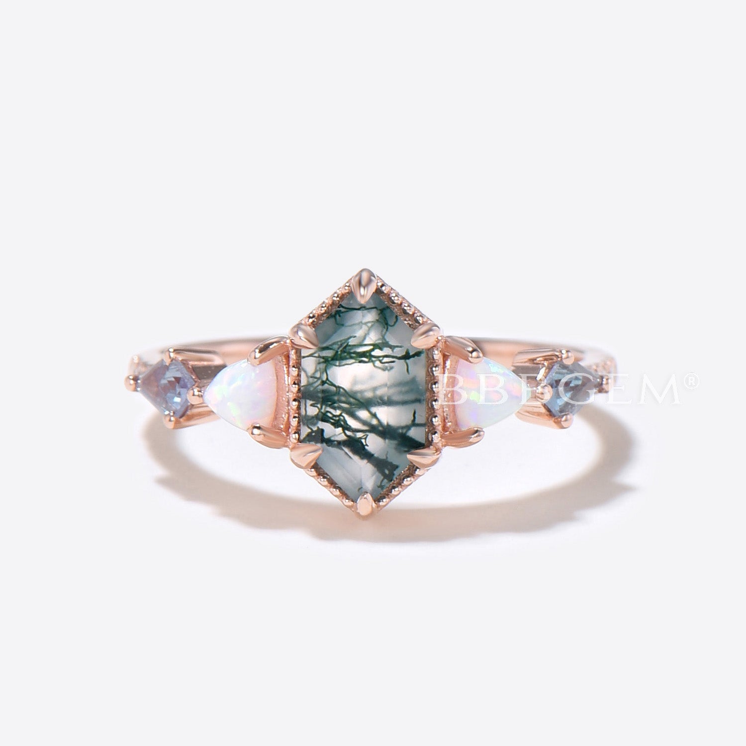 Hexagon Moss Agate Engagement Ring Enhancer & Guard Ring Set - Perfect for Bridal Jewelry, Wedding Bands, and Anniversary Gifts