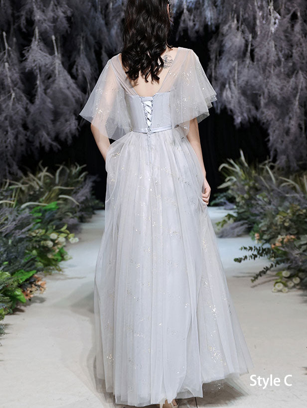 Elegant Gray A-Line Bridesmaid Dress with Shimmery Tulle for Weddings & Evening Events | Formal Party Gown for Bridal Party & Special Occasions