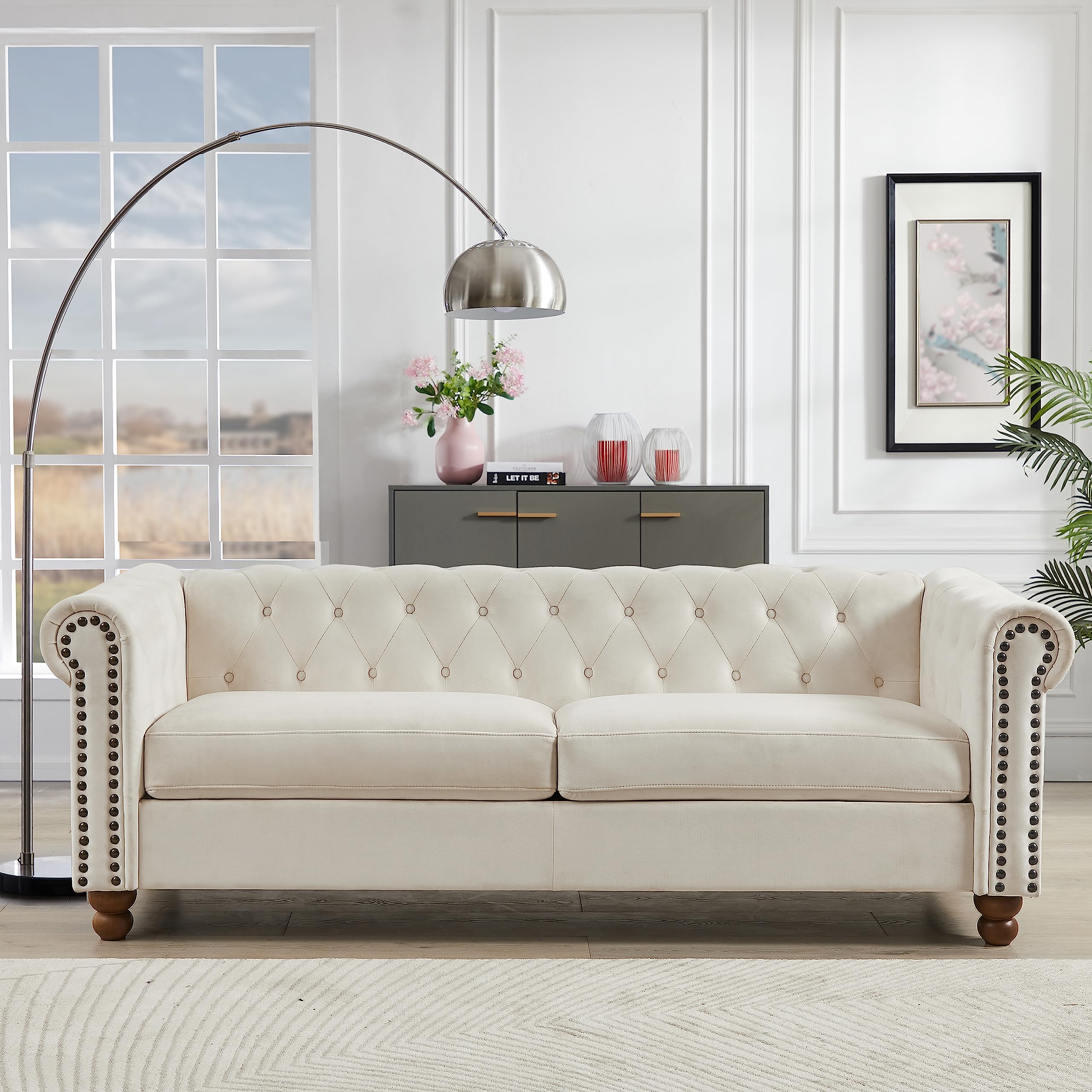 Luxury Velvet Chesterfield Sofa - Upholstered Tufted 3-Seater Couch with Rolled Arms & Nailhead Trim | Includes 2 Neck Roll Pillows | Elegant Living Room Furniture for Home & Office Decor | Perfect for Lounge, Parlor & Formal Sitting Areas