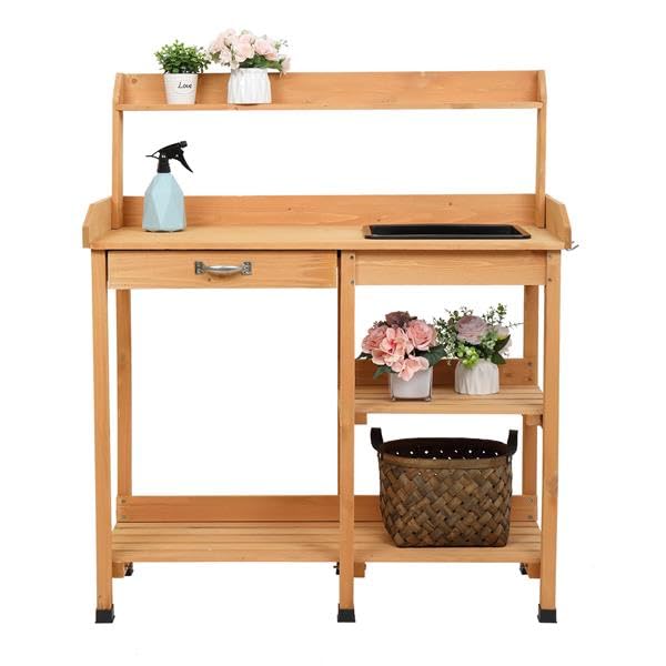 Heavy Duty Wooden Potting Bench with Storage Shelf - Outdoor Garden Planting Work Station, Moisture-Resistant Metal Flower Pot Holder & Planter Table for Gardening, Landscaping & DIY Projects