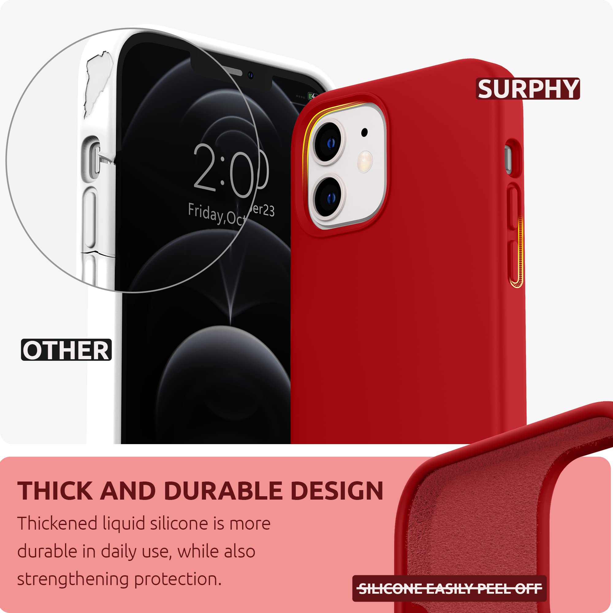 SURPHY Premium Liquid Silicone Case for iPhone 12 & iPhone 12 Pro (6.1 inch) - Shockproof Protective Cover with Soft Microfiber Lining - Perfect for Everyday Use, Travel & Outdoor Activities - Red