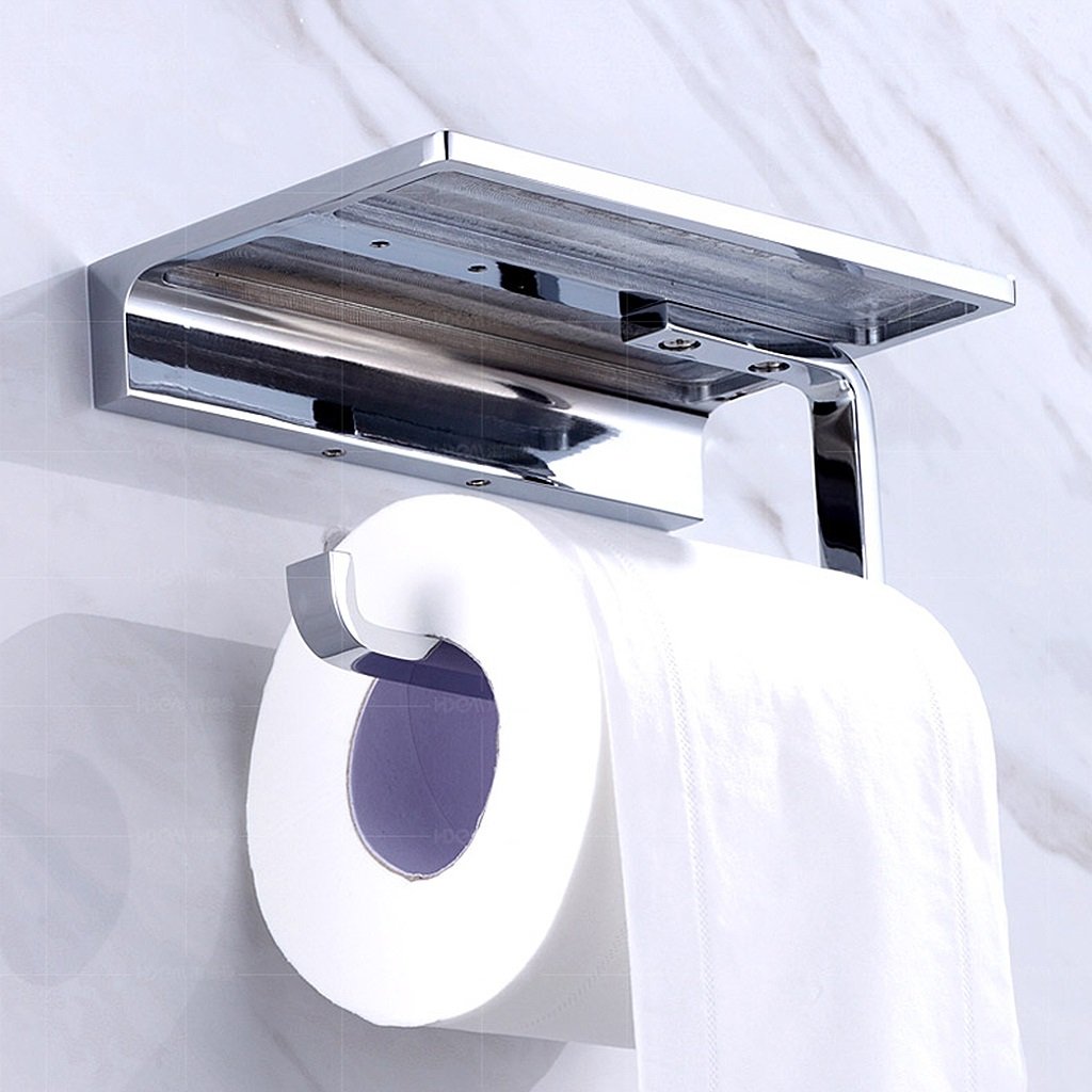 Modern Chrome Toilet Paper Holder Wall Mounted - Brass Bathroom Tissue TP Holder with Phone Shelf & Storage - Mirror Finish (1 Roll) - Perfect for Bathroom, Lavatory, and Restroom Organization
