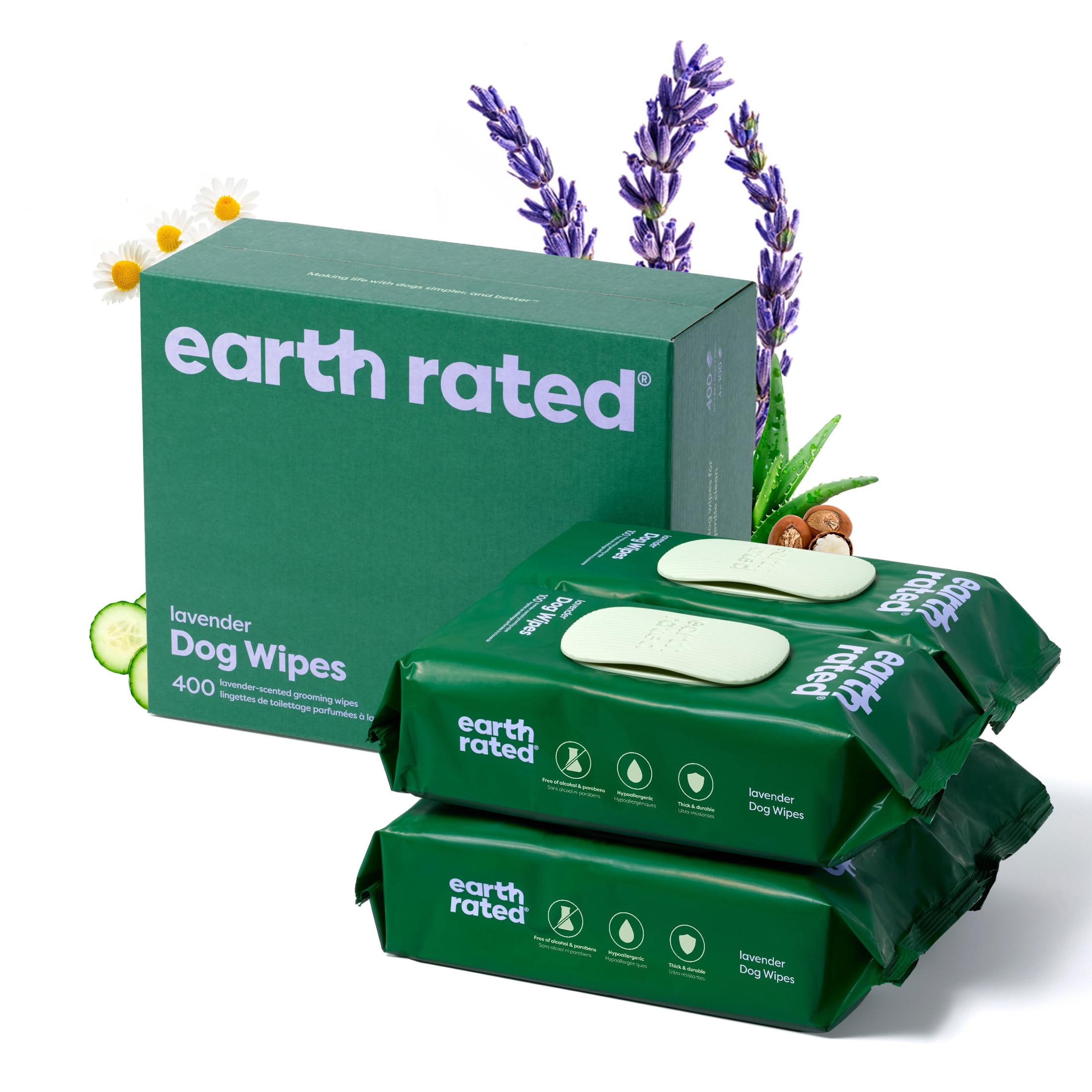 Earth Rated Hypoallergenic Dog Grooming Wipes - 400 Count, Lavender Scented Pet Wipes for Paws, Body & Butt Cleaning - Gentle & Hydrating for Dogs & Puppies - Perfect for Post-Walk Cleanup, Travel & Quick Grooming Between Baths