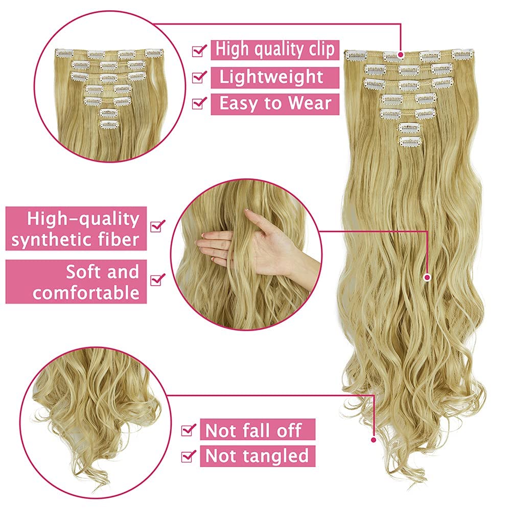 24 Inch Wavy Curly Clip-in Hair Extensions - 7pcs Double Weft Synthetic Hair with 16 Clips | Dark Brown to Bleach Blonde Ombre (160g/set) | Perfect for Parties, Weddings & Daily Styling