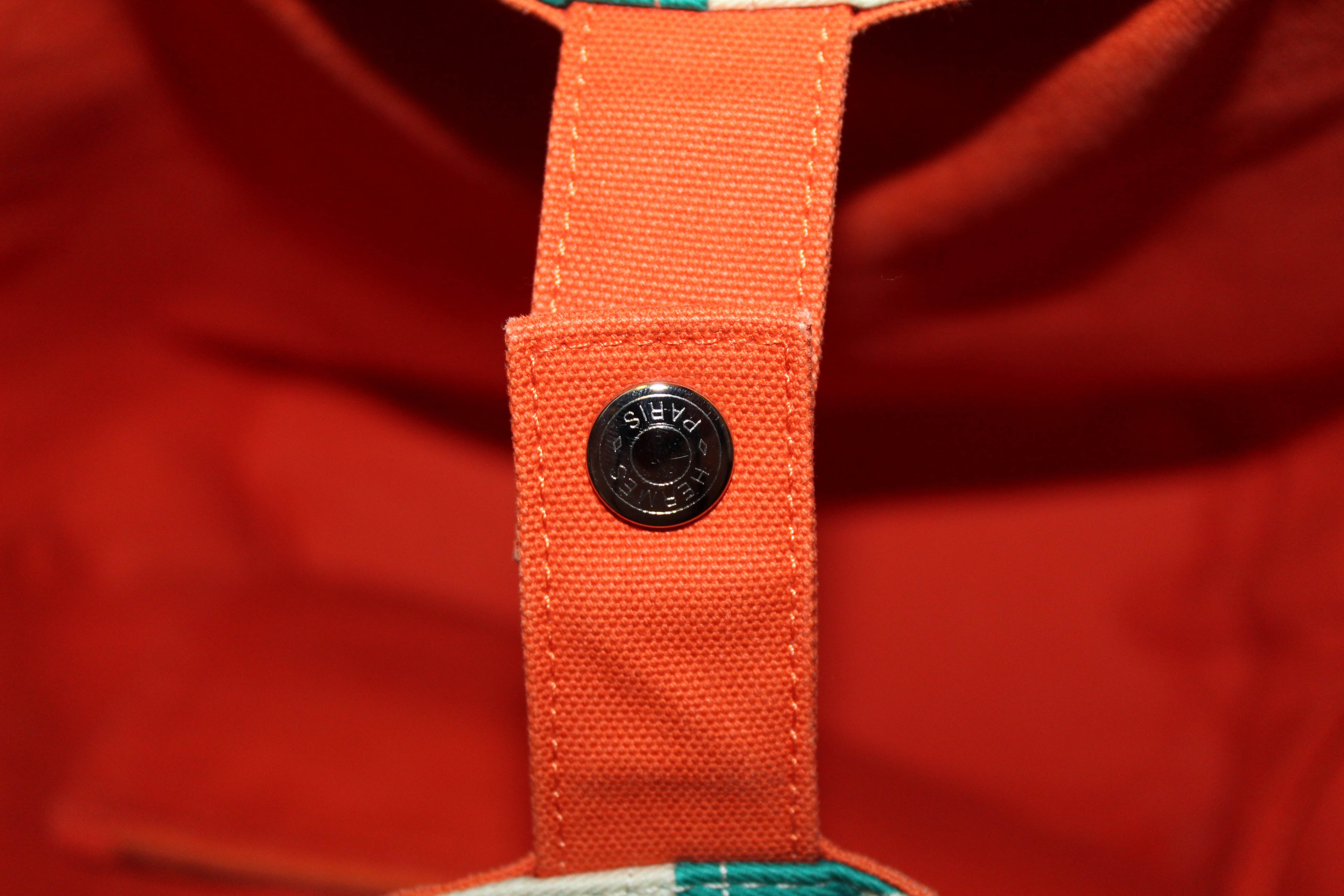 Authentic Hermes Orange with Green Canvas Chain De Ancre Beach Tote Shoulder Bag - Luxury Designer Handbag for Women, Perfect for Summer Vacations, Beach Trips, and Casual Outings