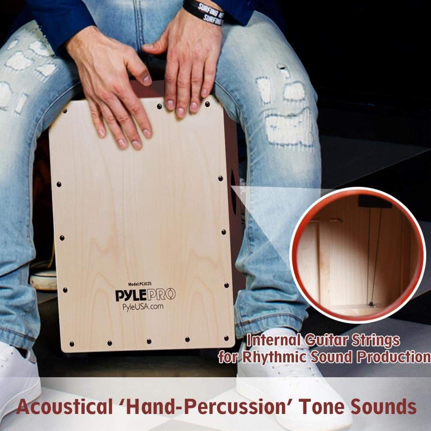 Pyle Cajón Drum - Portable Percussion Box with Internal Guitar Strings for Deep Bass, Slap & Crackle Sounds - Perfect for Jam Sessions, Live Performances & Home Music Practice - Ideal for Musicians, Bands & Music Lovers