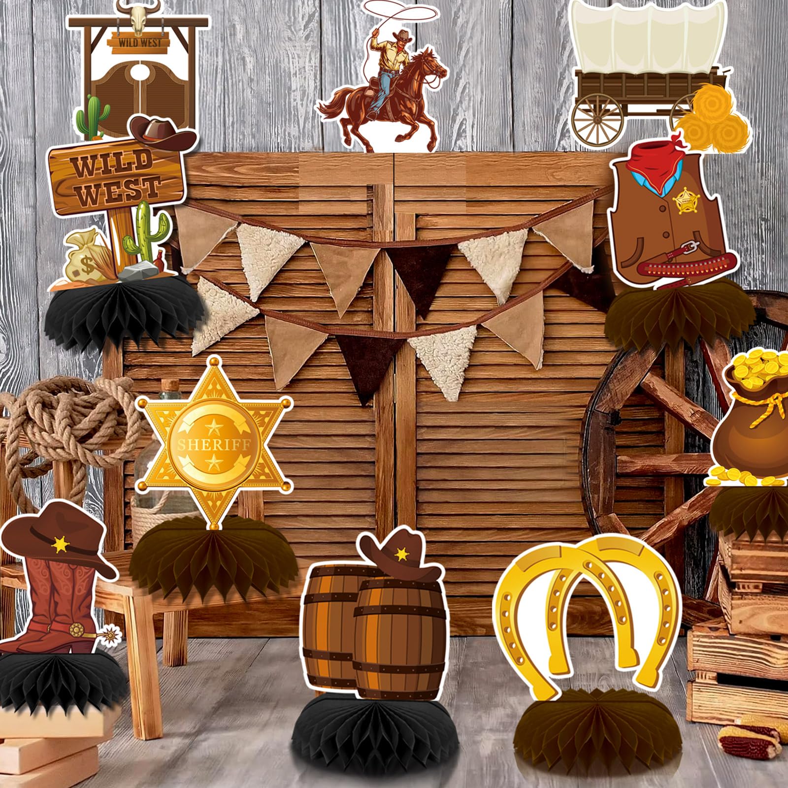 10 Pcs Wild West Cowboy Party Decorations - Honeycomb Centerpieces for Western Themed Birthday Parties, Baby Showers & Table Decor | Perfect for Cowboy BBQ, Ranch Weddings & Country Themed Events