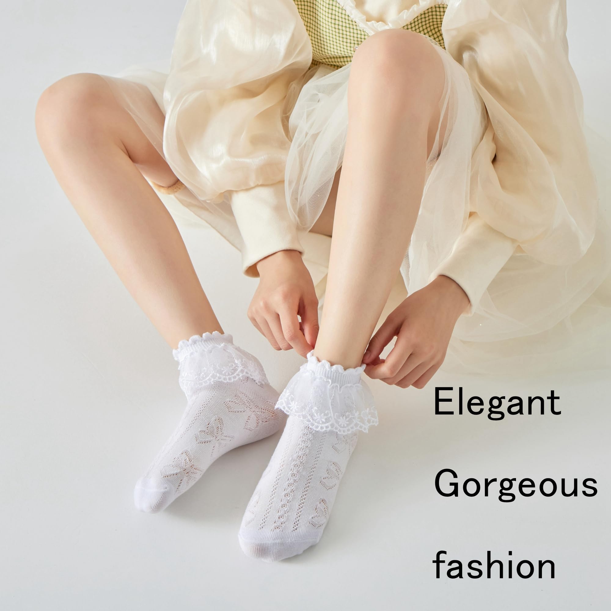 5 Pairs Girls Mesh Ruffle Lace Trim Cotton Ankle Socks - Princess Style Frilly Dress Socks for Toddler Girls - Perfect for Parties, School & Special Occasions