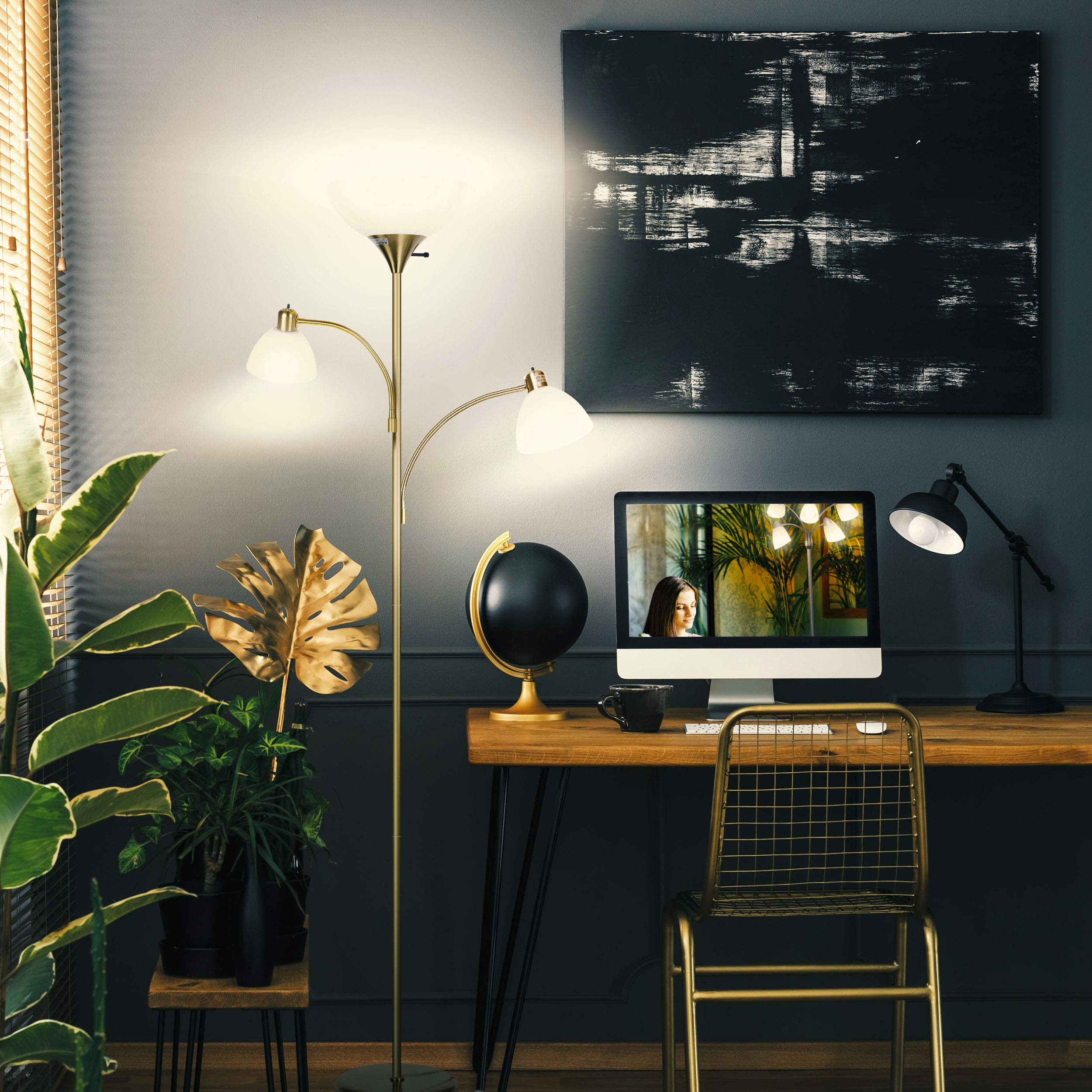 Brightech Sky Dome Double LED Floor Lamp - Super Bright Torchiere with 2 Adjustable Reading Lights for Living Room, Office & Bedroom - Dimmable Tall Standing Lamp with Brass Pole - Perfect for Reading, Working & Ambient Lighting