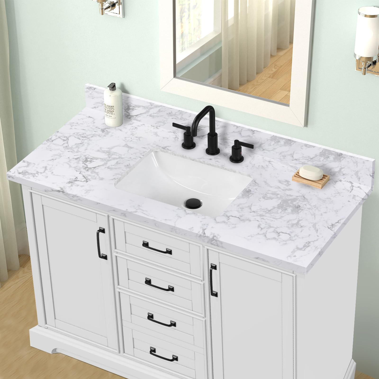 48x22 Inch White Engineered Stone Bathroom Vanity Top with Integrated Sink - 8 Inch 3-Hole Faucet Spread & Backsplash (Faucet Not Included) - Perfect for Modern Bathroom Renovations & Small Space Solutions