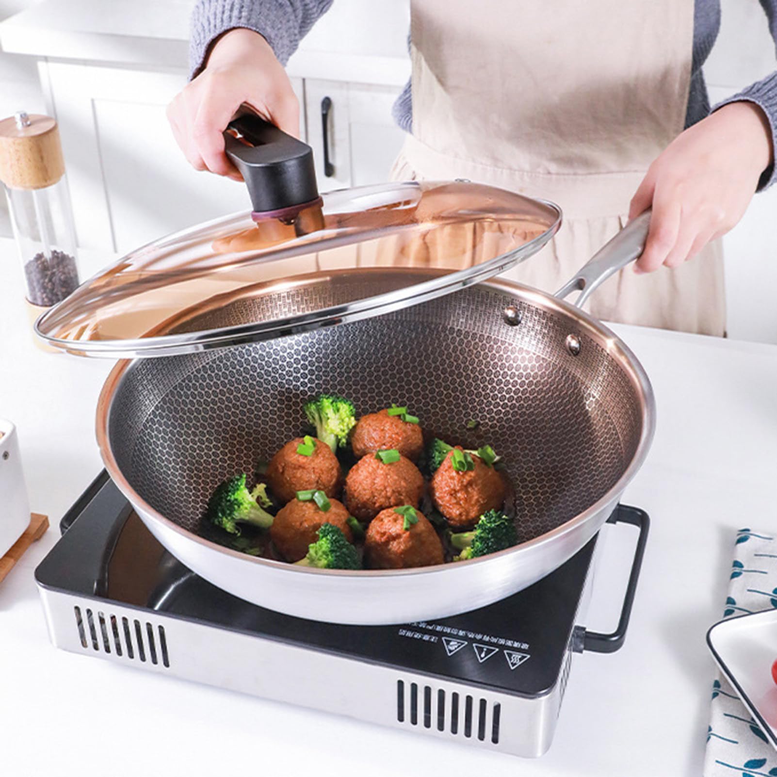 Premium Carbon Steel Wok Pan with Glass Lid - 14