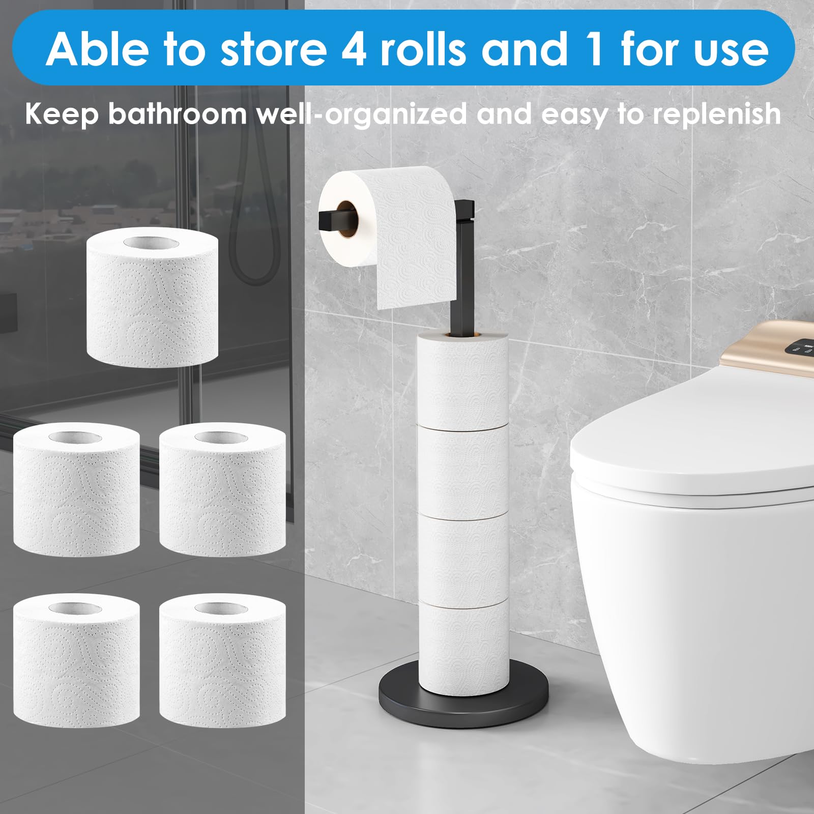 Fixwal Free Standing Toilet Paper Holder Stand - Modern Bathroom Tissue Roll Organizer with Weighted Base, Rustproof Design for Bathroom Storage (Black) | Perfect for Home, Office & Guest Bathroom Organization