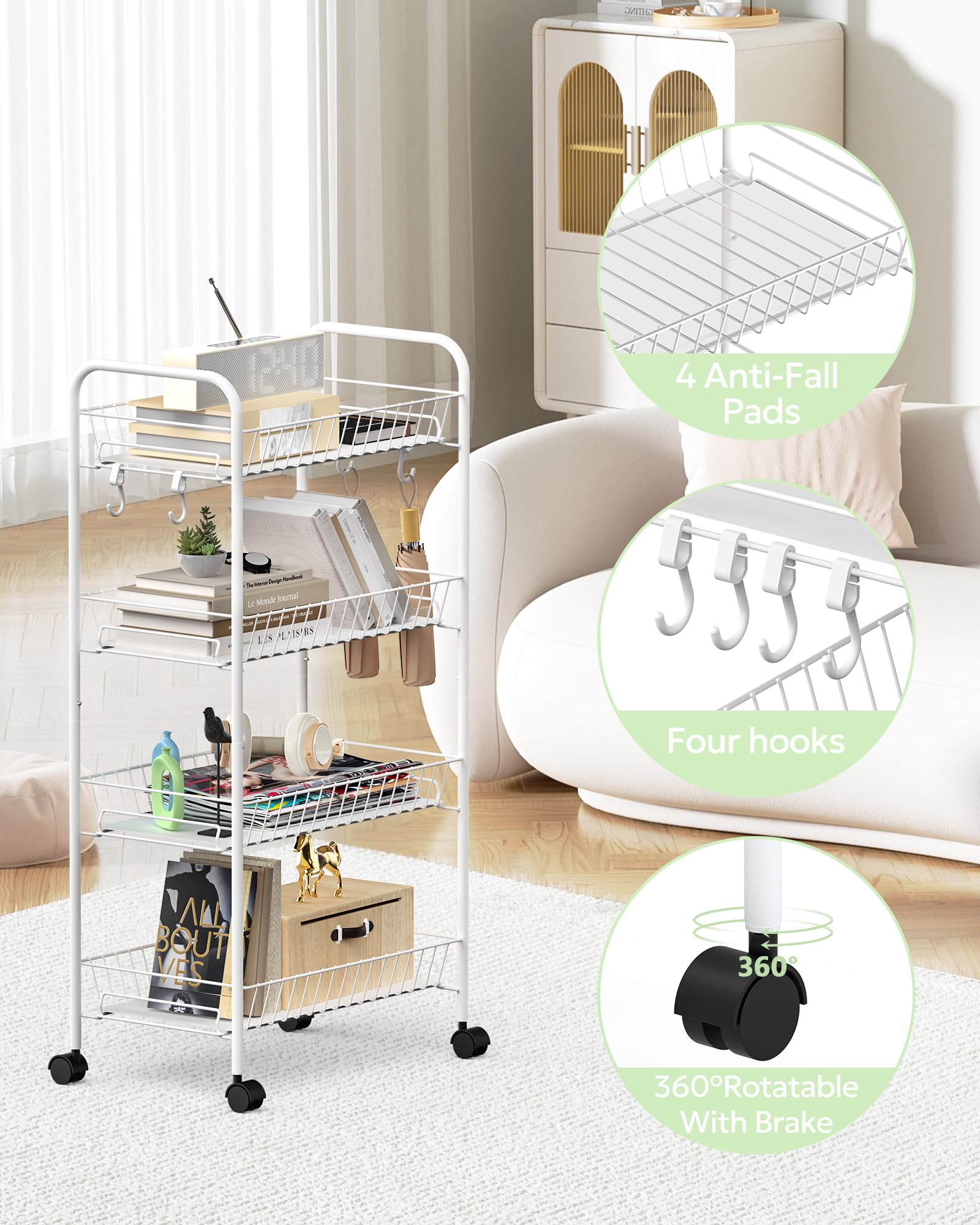 Mythinglogic 4-Tier Rolling Utility Cart with 360° Swivel Wheels - Heavy Duty Storage Organizer for Yoga Mats, Dumbbells, Kettlebells, Foam Rollers & Workout Equipment - Perfect for Home Gym, Yoga Studio & Fitness Room Organization