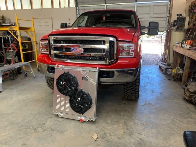 2003-2007 Ford F250 F350 F450 F550 Super Duty 6.0L Powerstroke Turbo Diesel Aluminum Radiator Kit - 2 Row with Electric Fan Shroud & Thermostat - Heavy Duty Cooling for Towing & Off-Road Performance