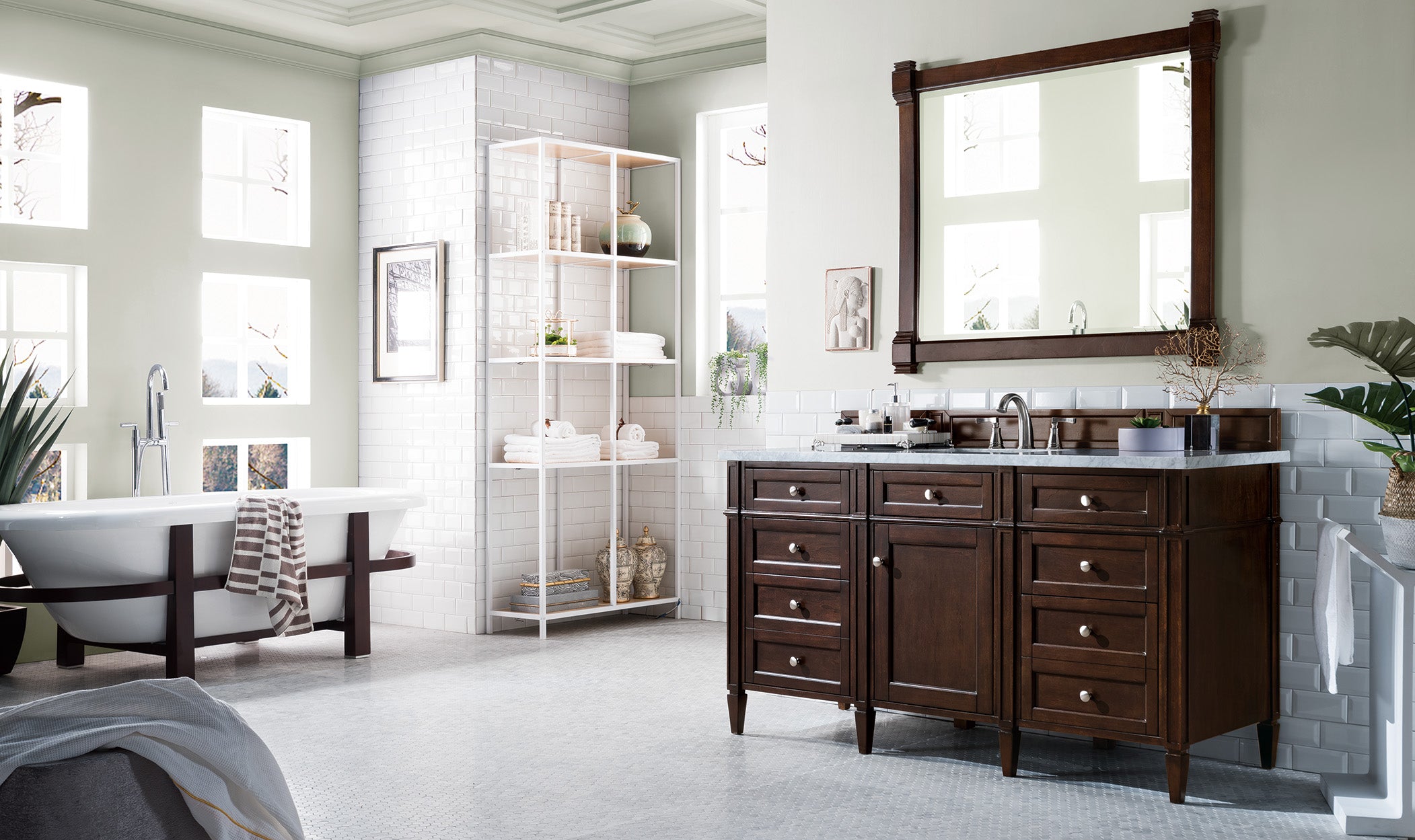 Brittany 60-Inch Burnished Mahogany Bathroom Vanity with 3CM Carrara Marble Top - Perfect for Master Bathroom & Powder Room Remodeling
