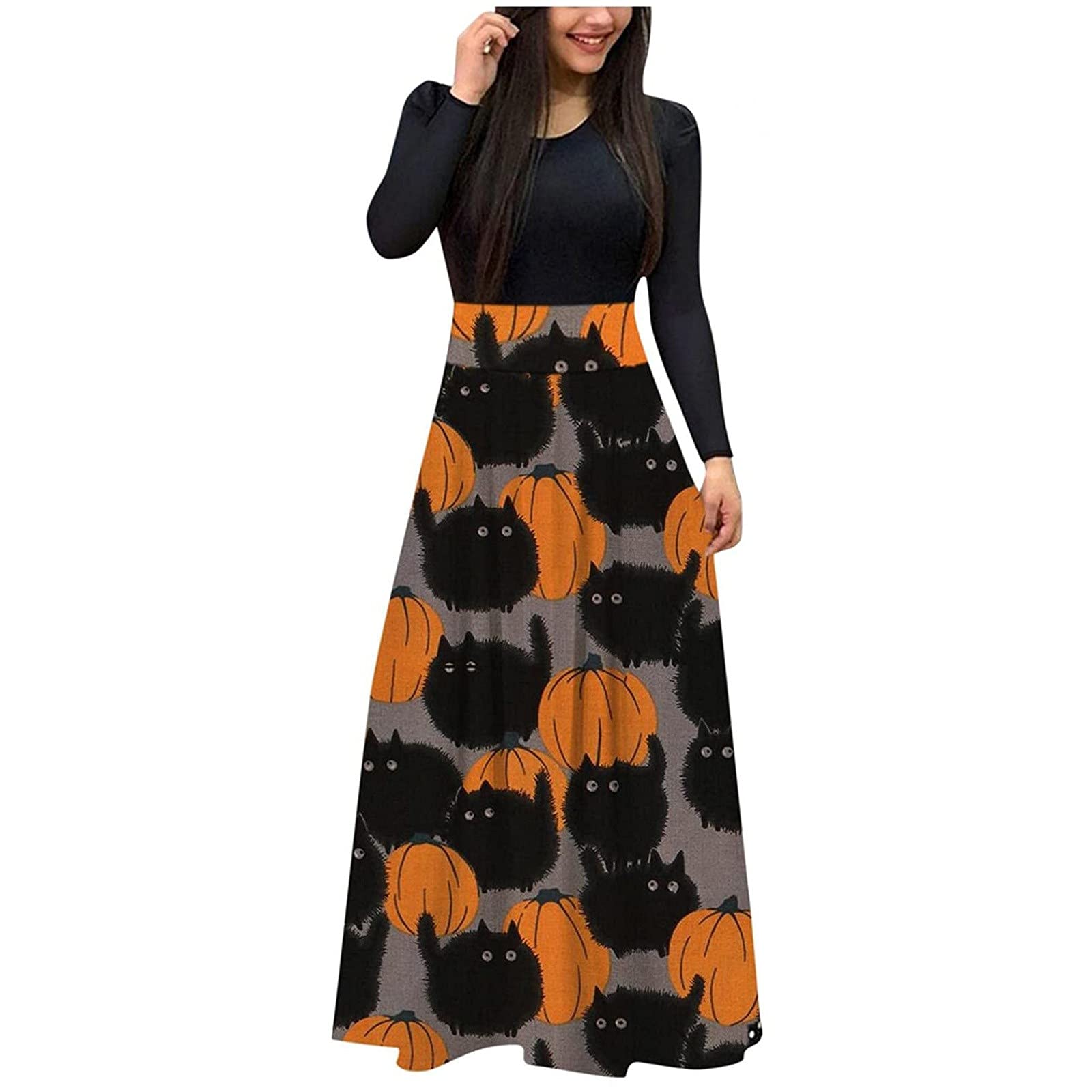 Vintage Halloween Dresses for Women - Long Sleeve Witch Costume Gothic Maxi Dress with Funny Sun Print | Perfect for Halloween Parties, Cosplay & Themed Events