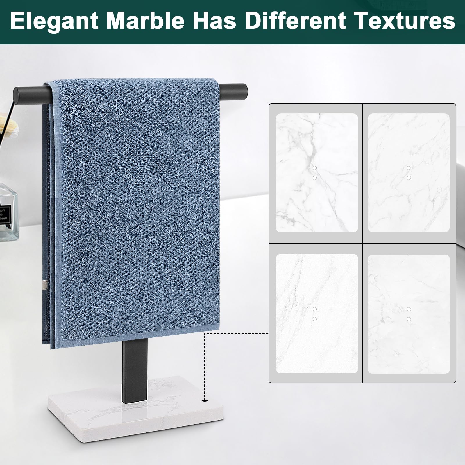 Stainless Steel T-Shape Hand Towel Holder Stand - 14 Inch Bathroom & Kitchen Towel Rack with Marble Base (Black) | Perfect for Vanity Countertops, Sink Areas & Guest Bathrooms