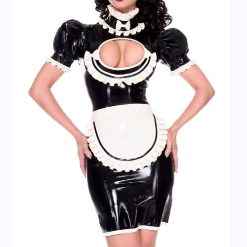 Sexy PVC Latex Dress for Women - Black & White Lace Design, 100% Rubber, S-XXL Sizes (0.4mm Thickness) | Perfect for Cosplay, Fetish Parties & Nightclub Outfits