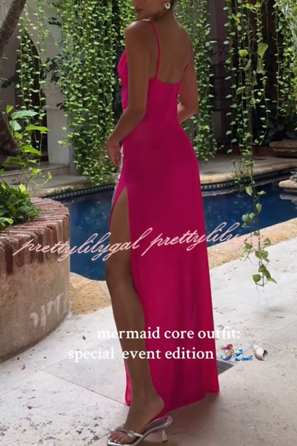 Mermaid Chiffon Starfish Sequin Asymmetric Neck Slit Maxi Dress for Women - Elegant Beach Wedding Party Evening Gown - Perfect for Summer Vacations, Bridal Showers & Formal Events
