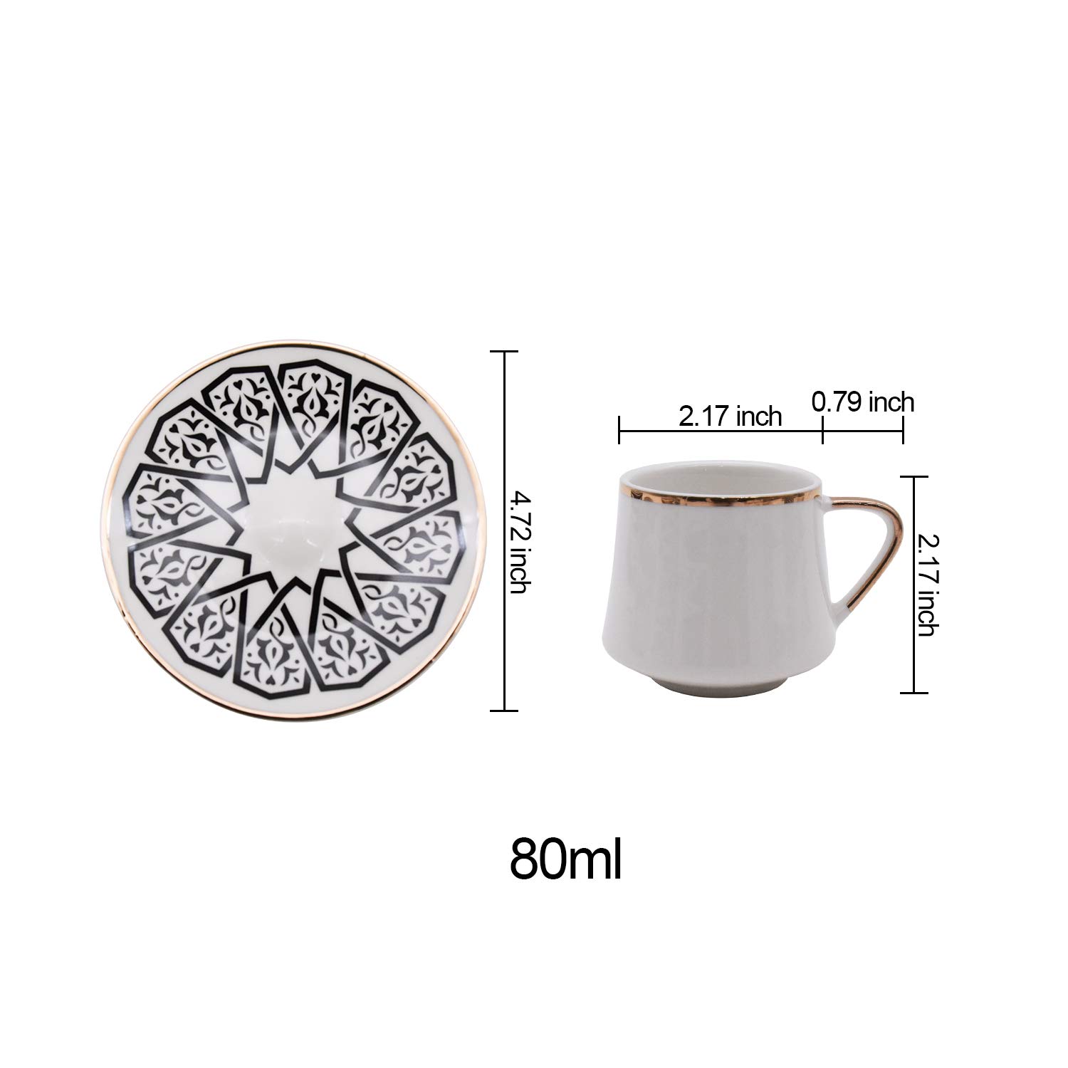 ABHOME 6-Piece Small Espresso Cups and Saucers Set - 2.5 oz Demitasse Cups with Elegant Gold Rim & Gift Box, White Coffee Cup with Decorative Pattern (Black, 80ml) - Perfect for Espresso, Cappuccino, and Afternoon Tea Serving
