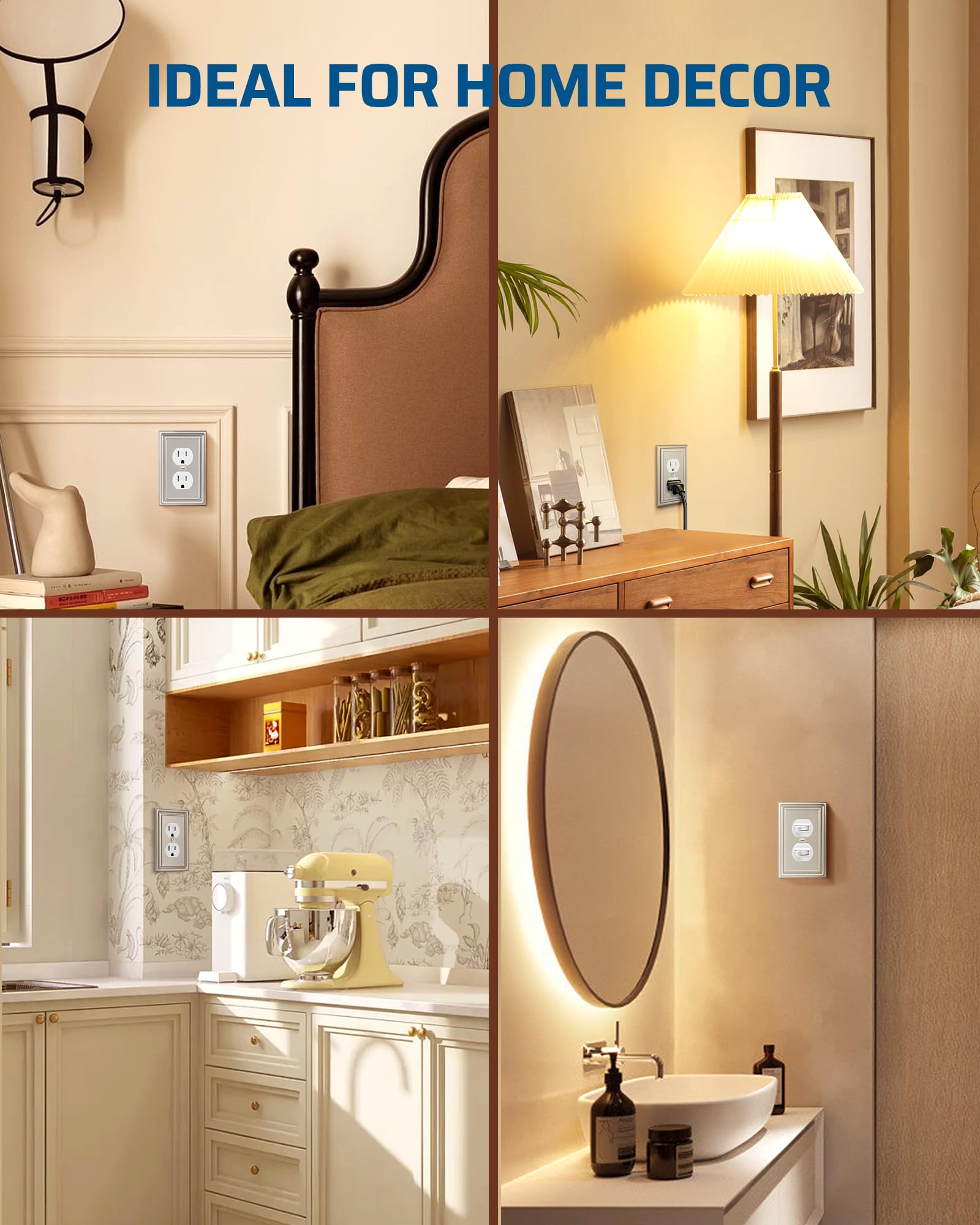 DEWENWILS 4-Pack Brushed Nickel Metal Wall Plates - Standard Duplex Electrical Outlet Covers - Ideal for Home, Office & Commercial Renovations