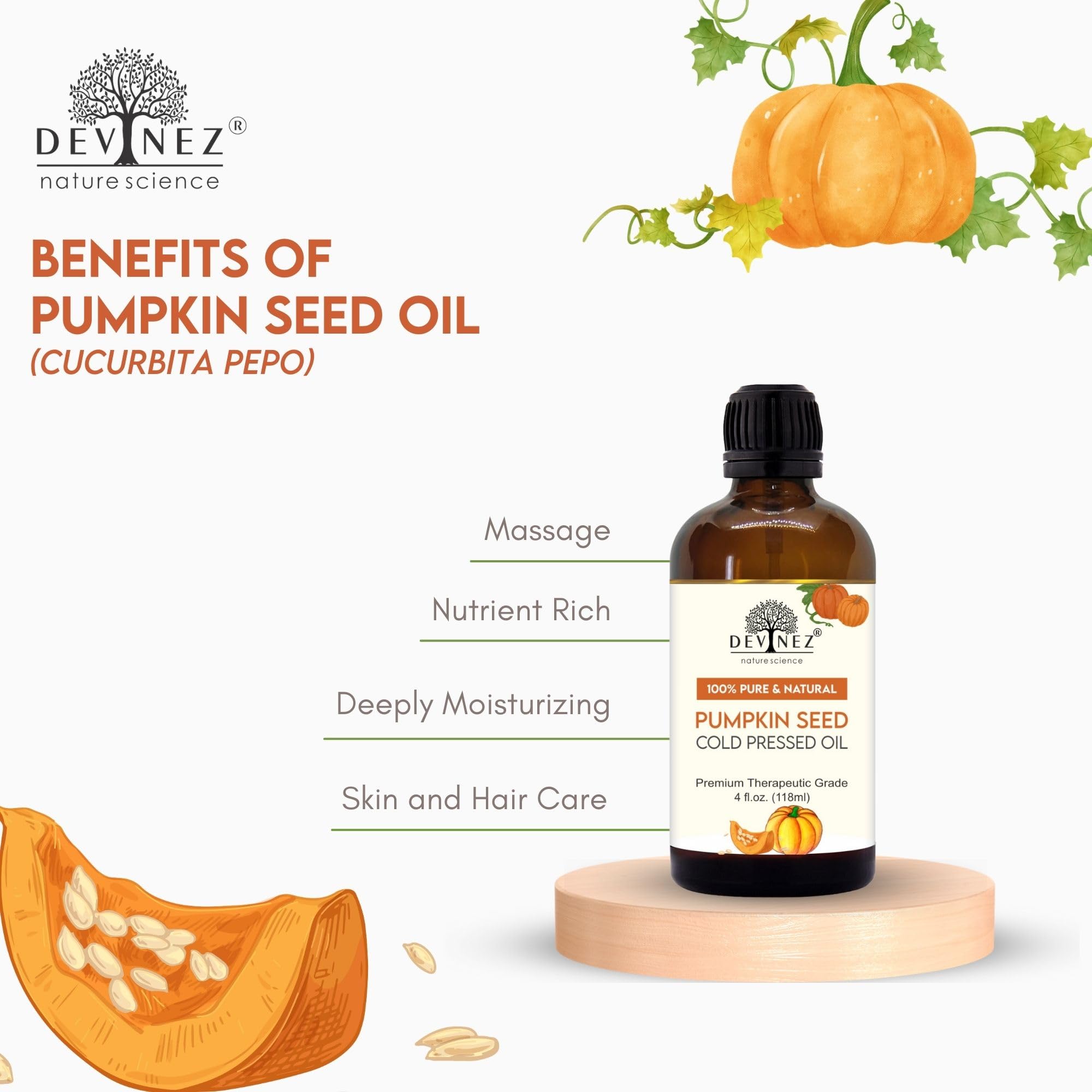 100% Pure Cold-Pressed Pumpkin Seed Oil with Lotion Pump (4oz/118ml) - Natural Hair Growth, Skin Moisturizer & Massage Oil for Face, Body & Scalp Care | Perfect for Daily Beauty Routine, Aromatherapy & Relaxation