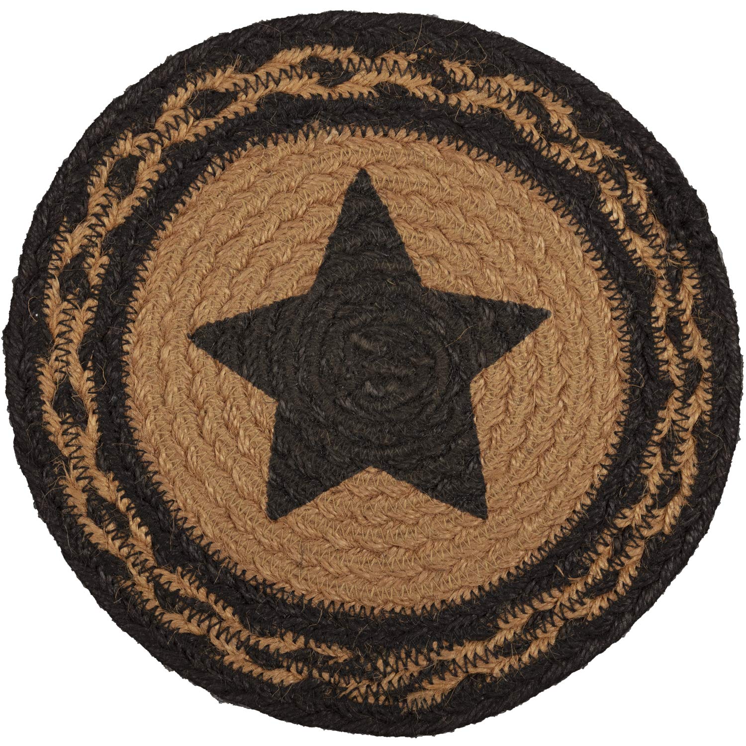 VHC Brands Farmhouse Primitive Star Black Stenciled Textured Round Kitchen Table Jute Trivet 8 Inch - Rustic Home Decor for Dining Table, Coffee Table, and Kitchen Countertop Protection