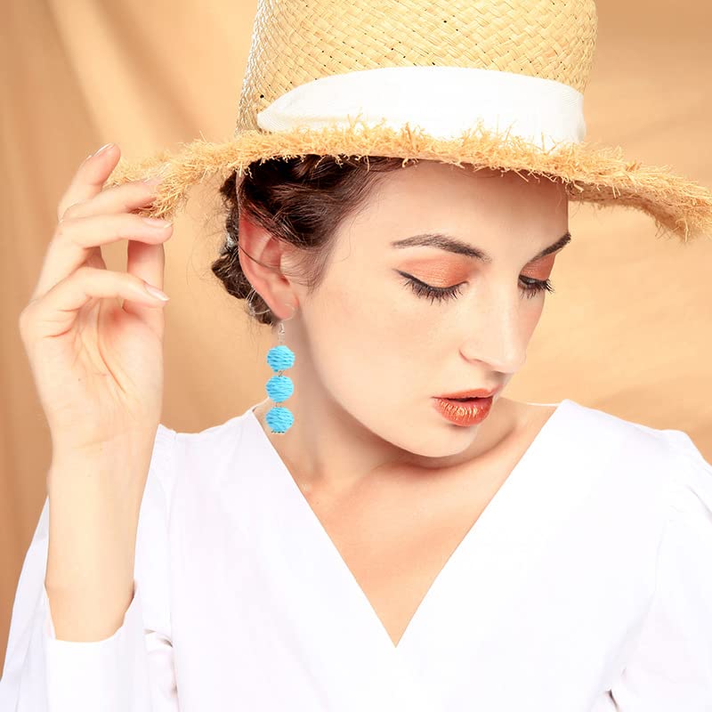 Handmade Boho Raffia Earrings for Women - Round Rattan Ball Dangle Drop Statement Earrings | Summer Beach Jewelry Accessories | Perfect for Vacation, Wedding, and Boho Fashion Outfits