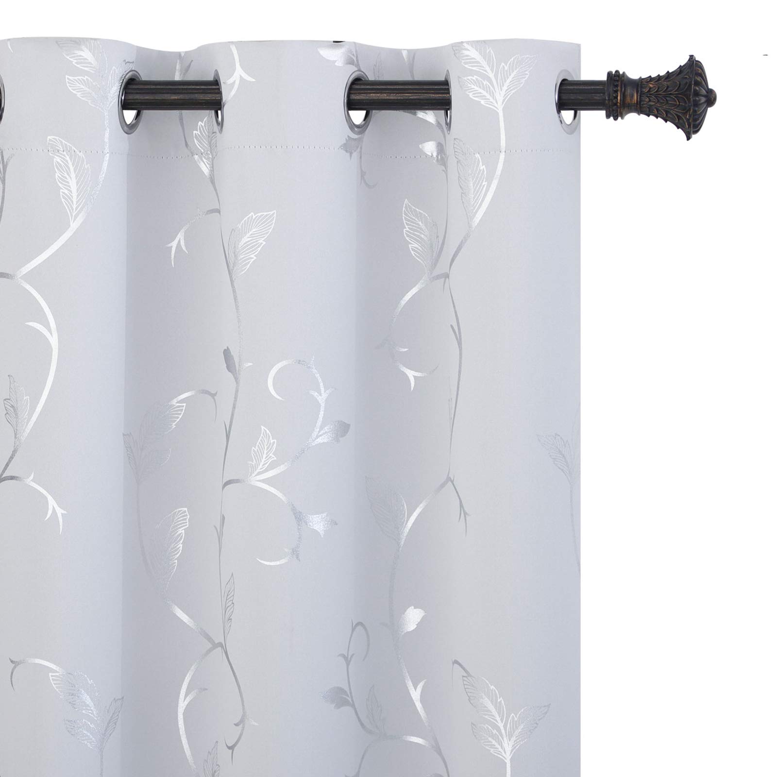 BUHUA Greyish White Blackout Curtains with Shiny Silver Vine Print - Thermal Insulated Room Darkening Drapes for Bedroom (38