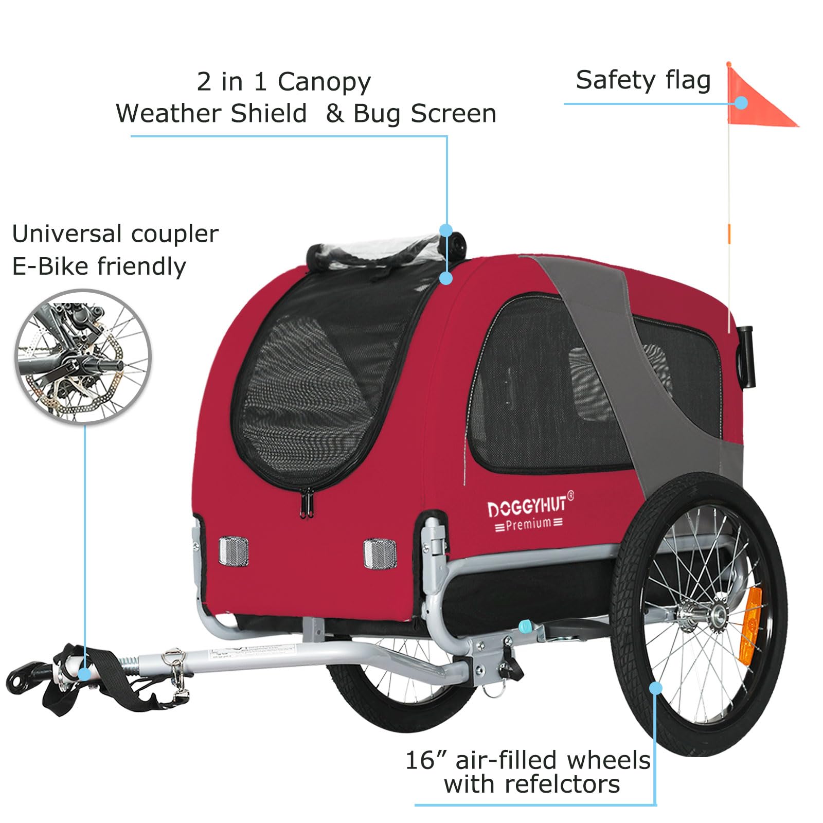 DOGGYHUT® Premium Medium Pet Bike Trailer & Stroller 2-in-1 - Convertible Dog Carrier for Small to Medium Dogs up to 50 lbs - Safety Parking Brakes, Easy Fold Design, Universal Bicycle Coupler - Perfect for Cycling, Jogging, Park Visits & Outdoor Adventures (E-Bike Compatible)
